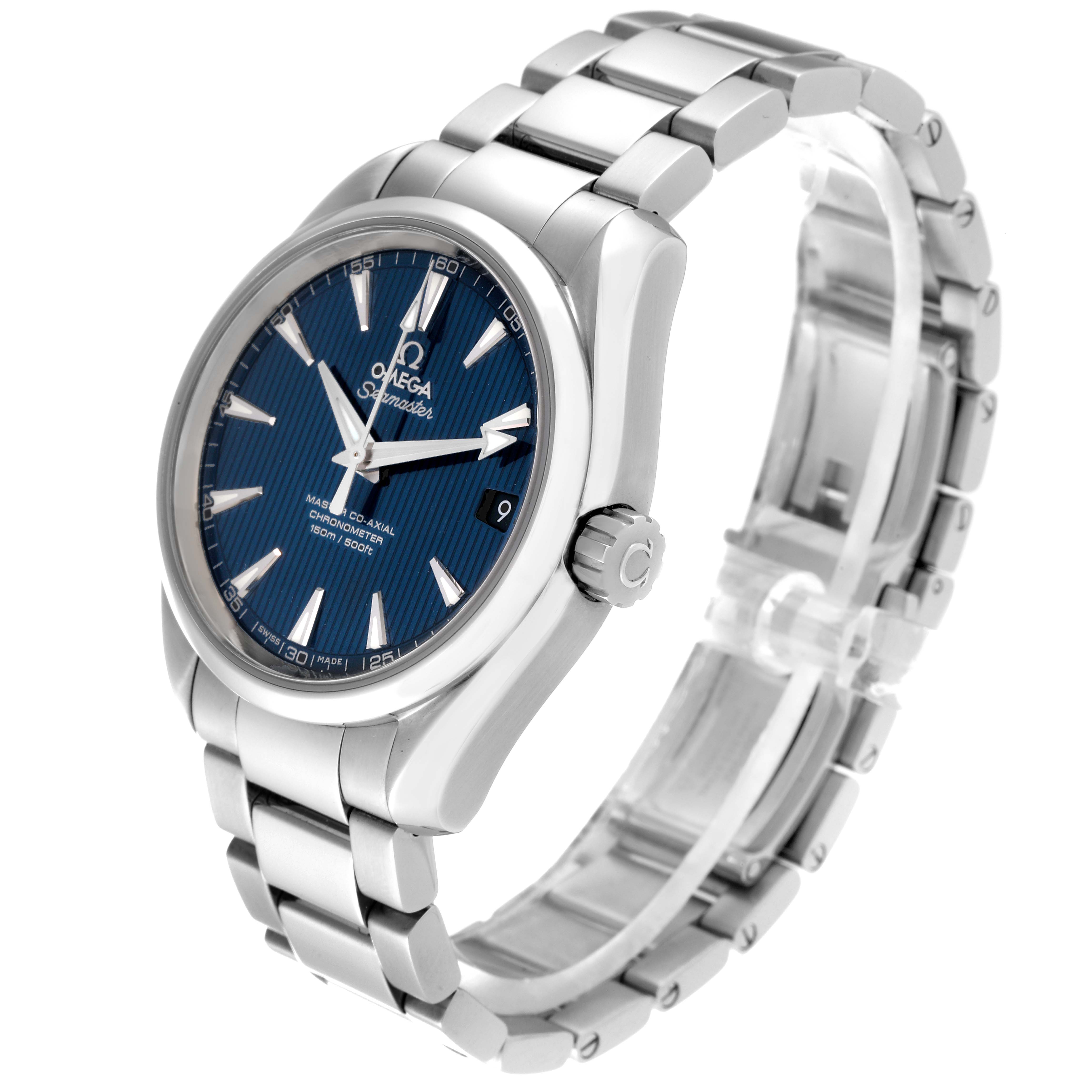 The image shows a side angle of an Omega Aqua Terra 231.10.39.21.03.002 Men
s Stainless Steel Blue Dial 231.10.39.21.03.002 Men
s Stainless Steel Blue Dial watch, highlighting its blue dial, stainless steel case, bracelet, and crown.