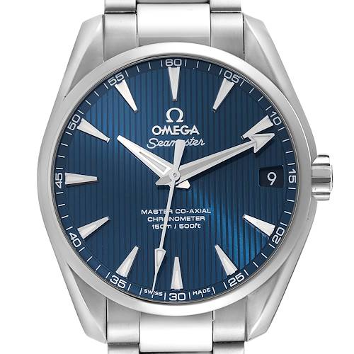 This image shows the front view of the Omega Aqua Terra Seamaster watch, highlighting the dial, hands, markers, and bracelet.