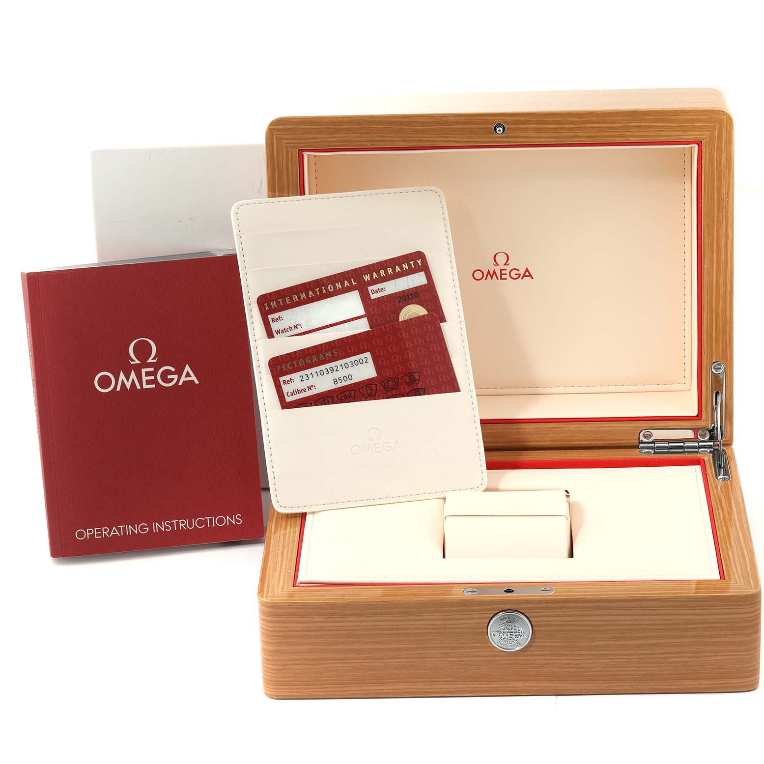 The image shows an Omega Aqua Terra 231.10.39.21.03.002 Men
s Stainless Steel Blue Dial 231.10.39.21.03.002 Men
s Stainless Steel Blue Dial watch
s box, warranty card, and operating instructions from a front angle.