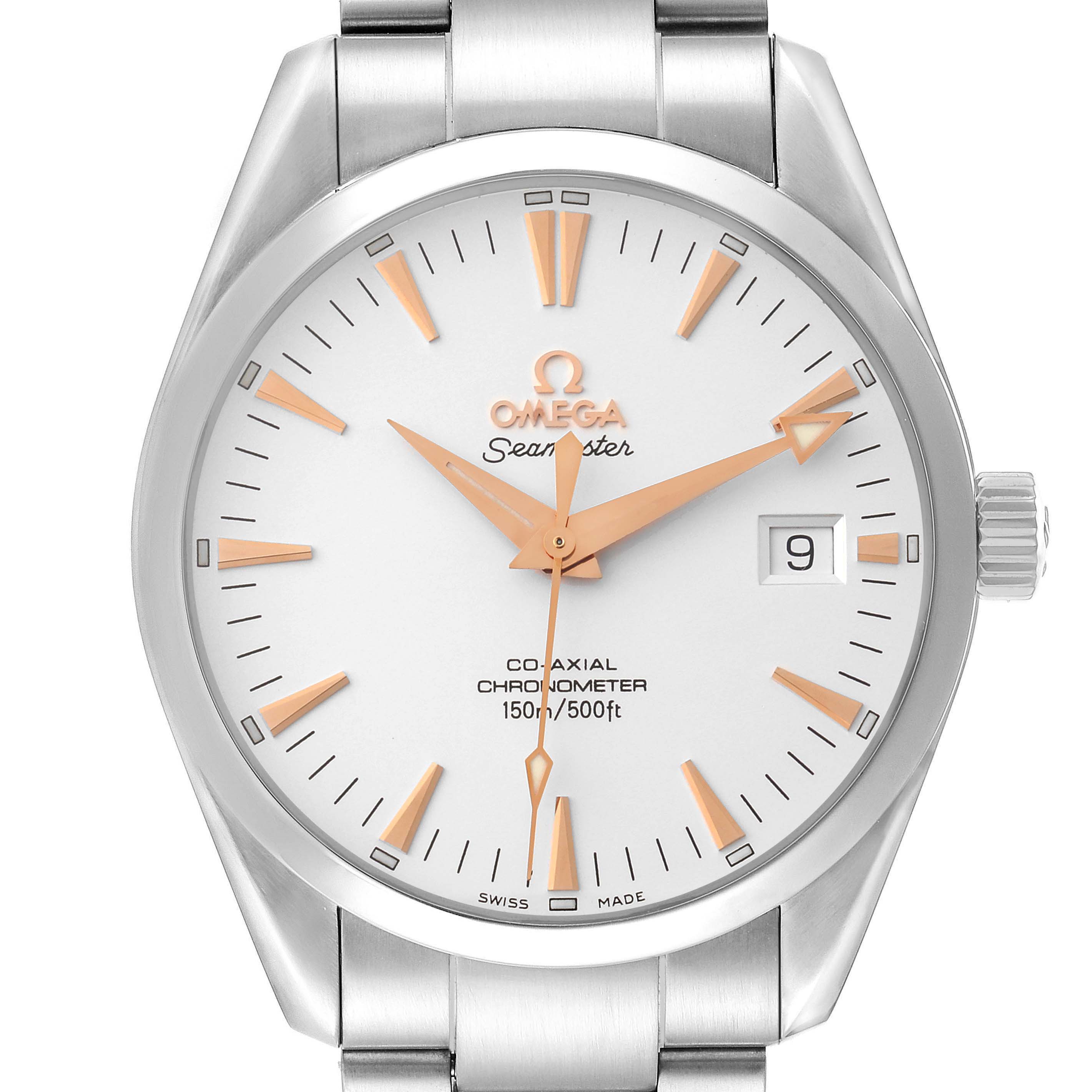 The Omega Seamaster model 2503.34.00 is shown from a front angle, highlighting the face, dial, case, and silver bracelet.