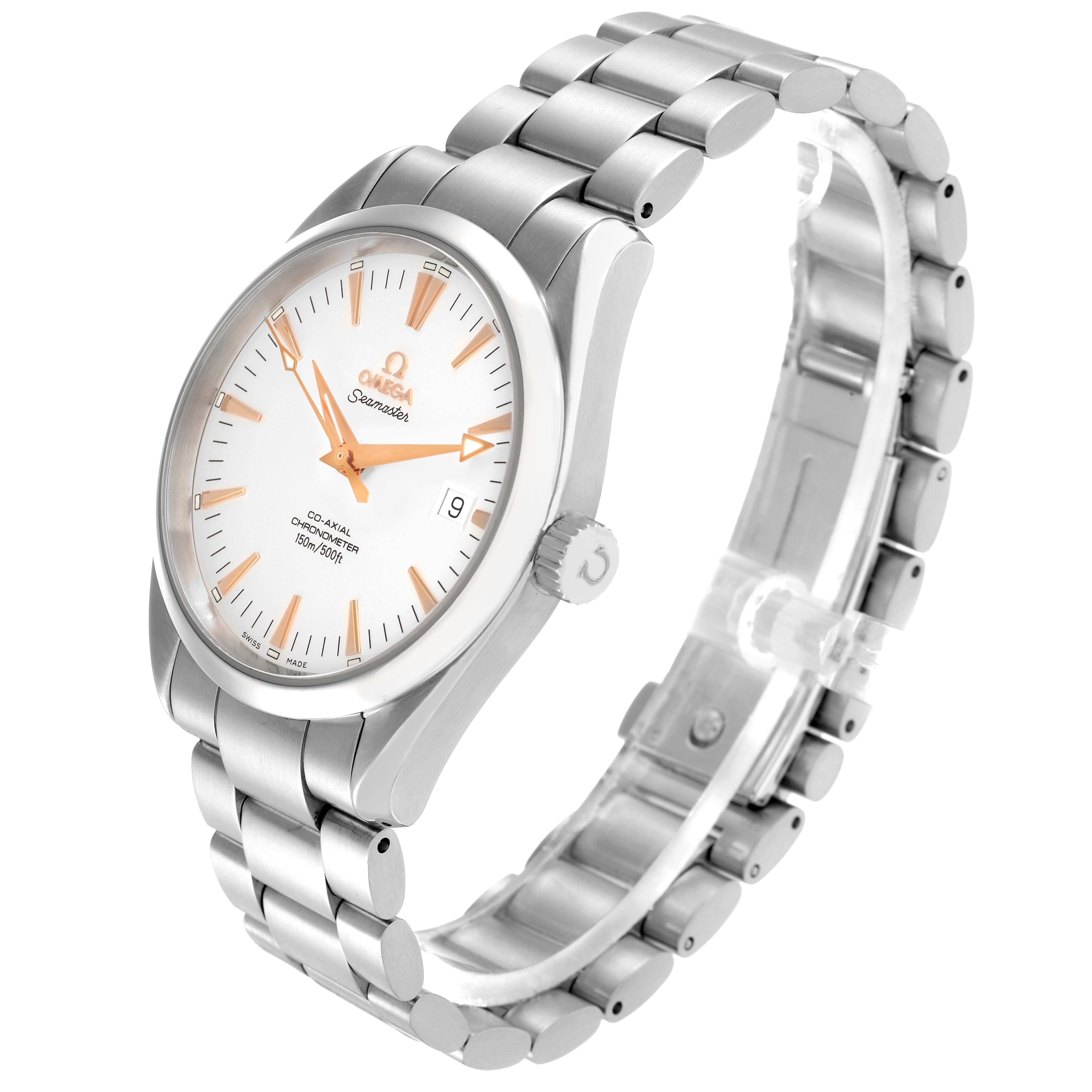 The Omega Seamaster model 2503.34.00 is shown at a three-quarter angle, highlighting its face, bezel, crown, and metal bracelet.