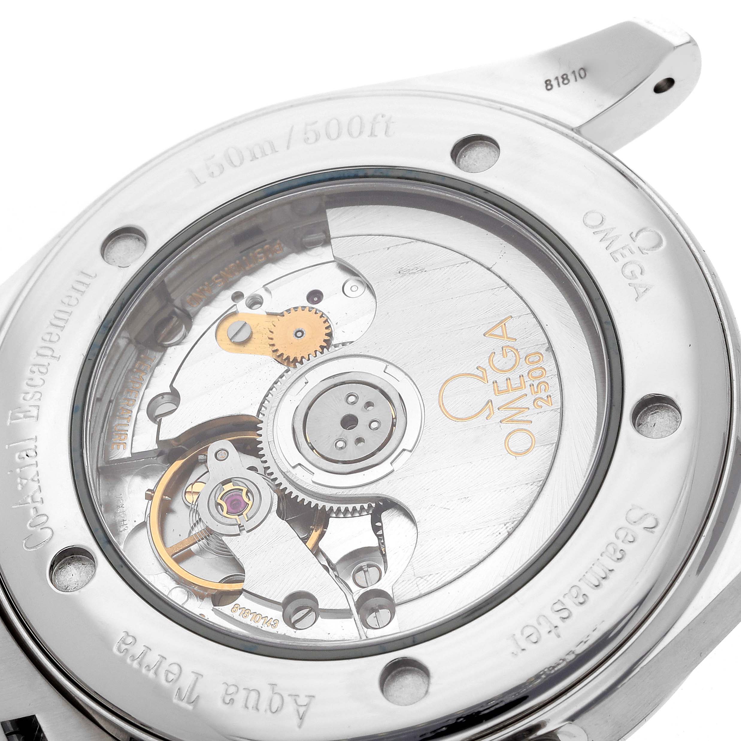 The image shows the back of an Omega Seamaster model 2503.34.00, highlighting its intricate mechanical movement and transparent case back.