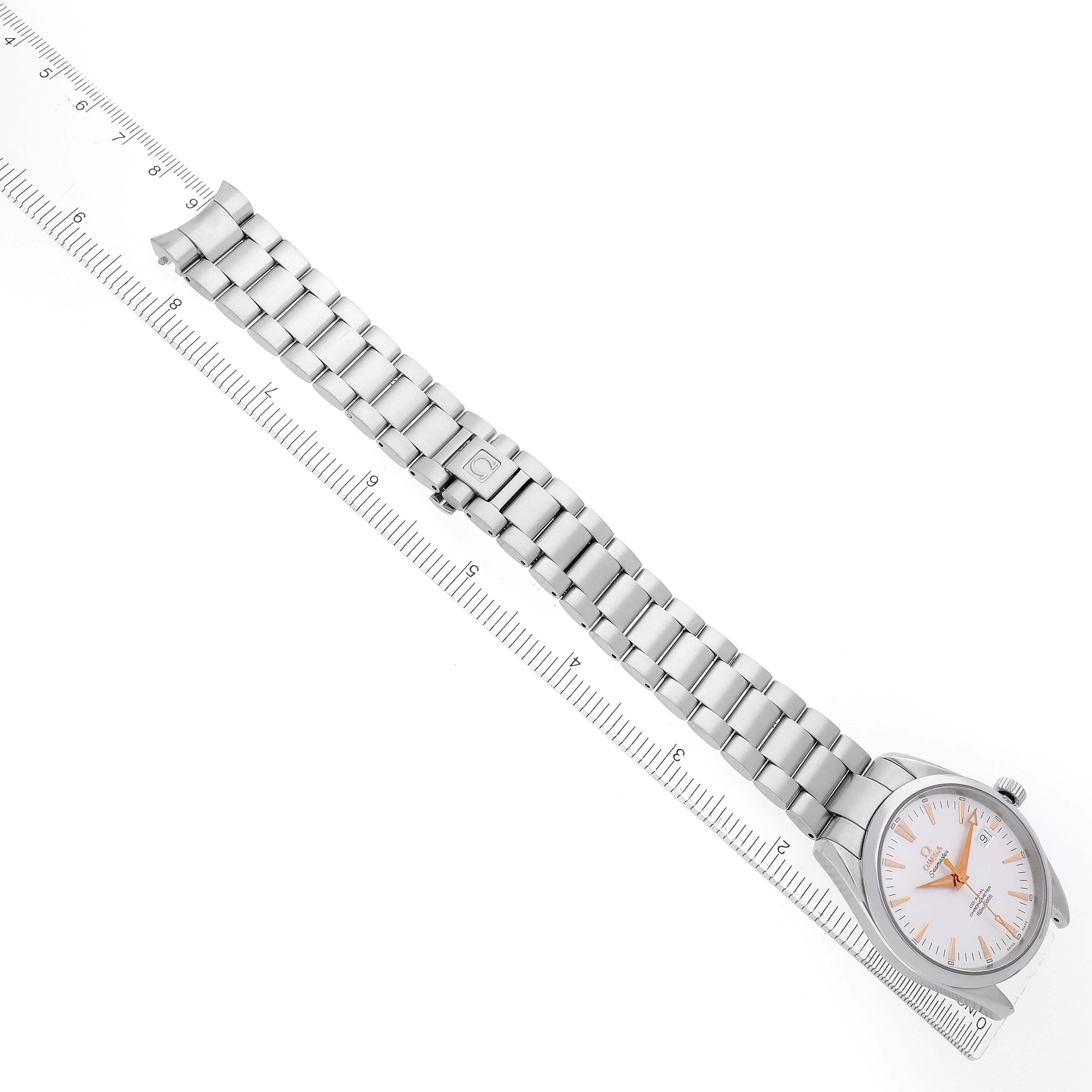 The Omega Seamaster model 2503.34.00 men
s watch is shown from an angle displaying the full watch and bracelet aligned next to a ruler, highlighting its length.