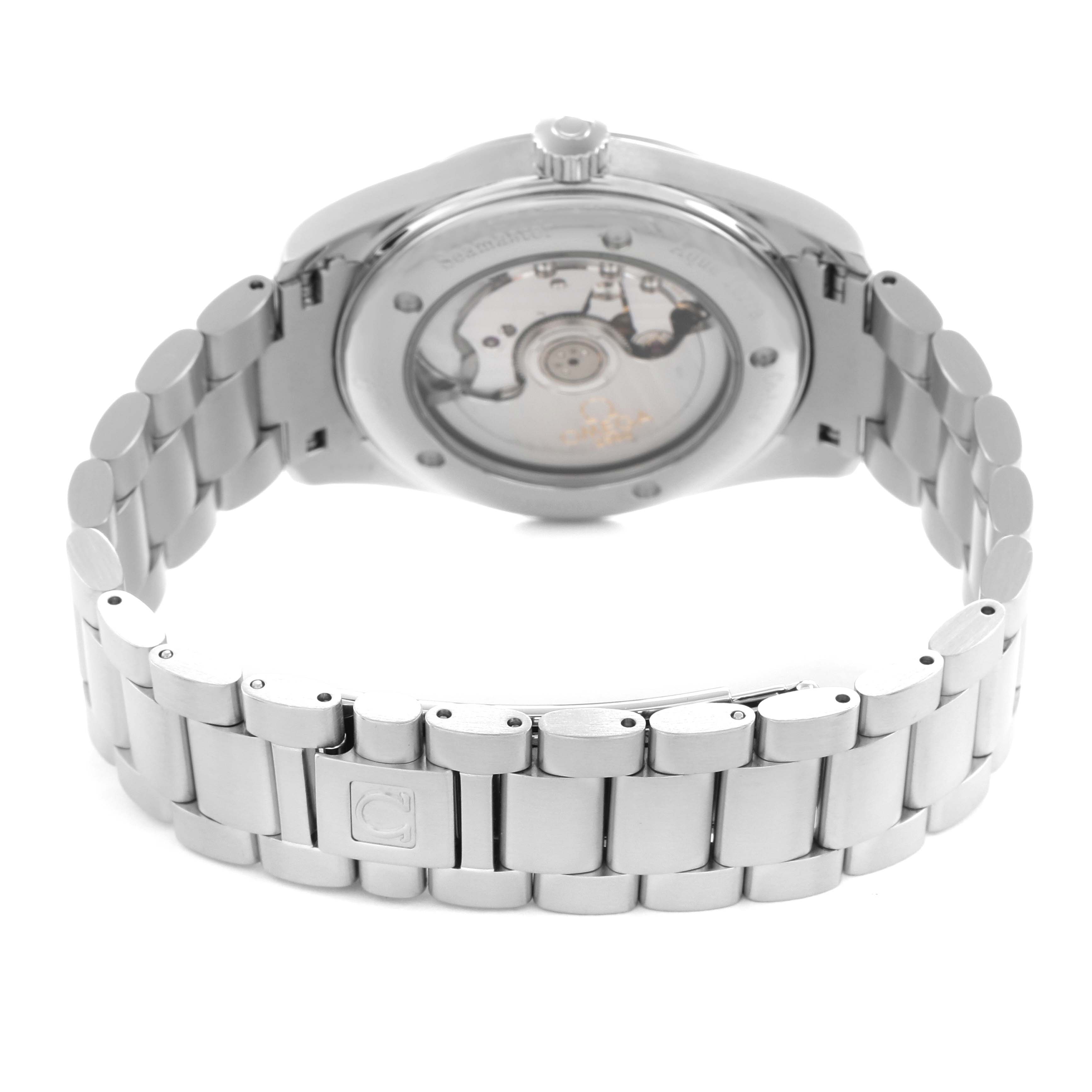 The image shows the back of an Omega Seamaster model 2503.34.00 men
s watch, highlighting the transparent case back and metal bracelet.