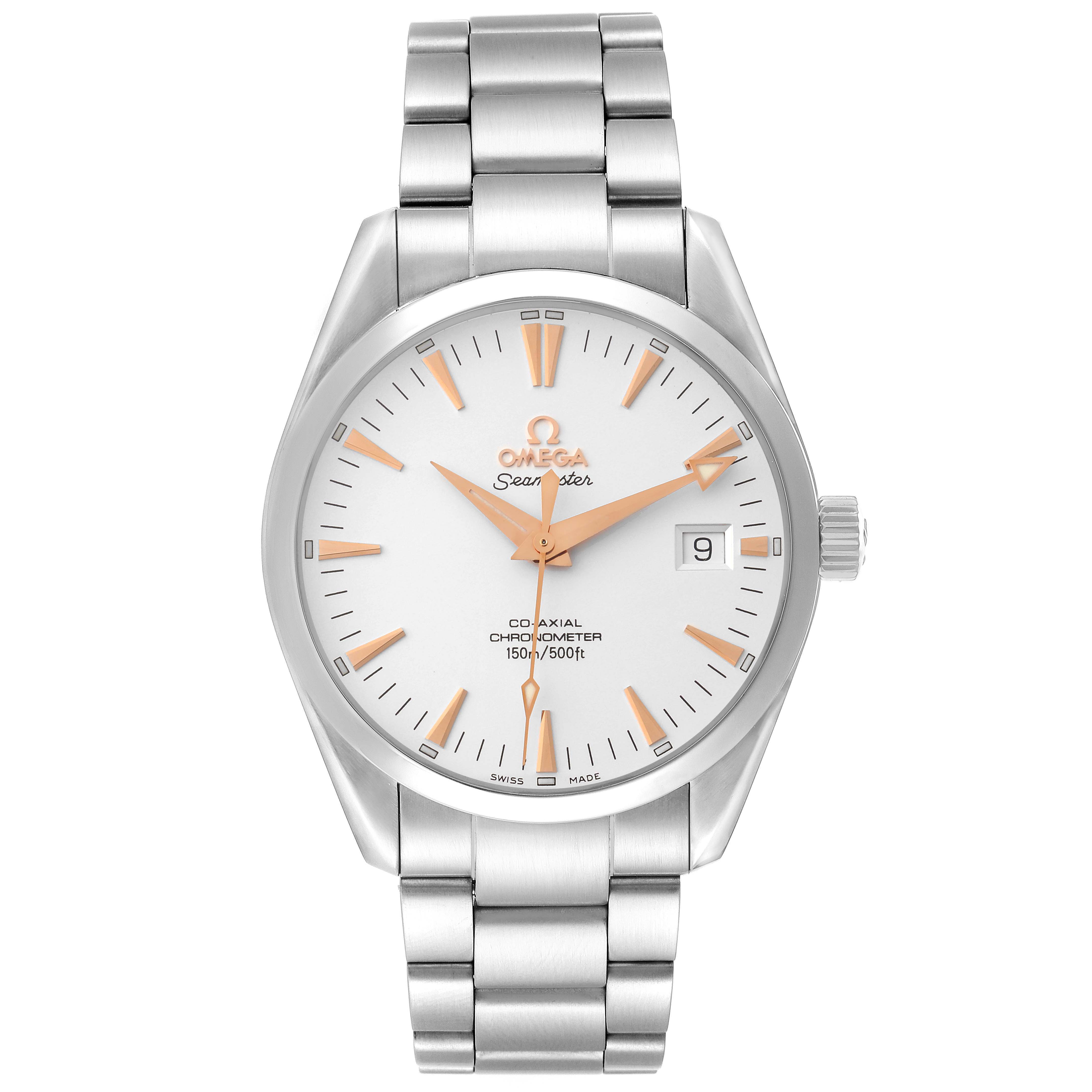 The Omega Seamaster model 2503.34.00 watch is displayed from a front angle, showing its white dial, steel bracelet, date window, and rose gold markers.