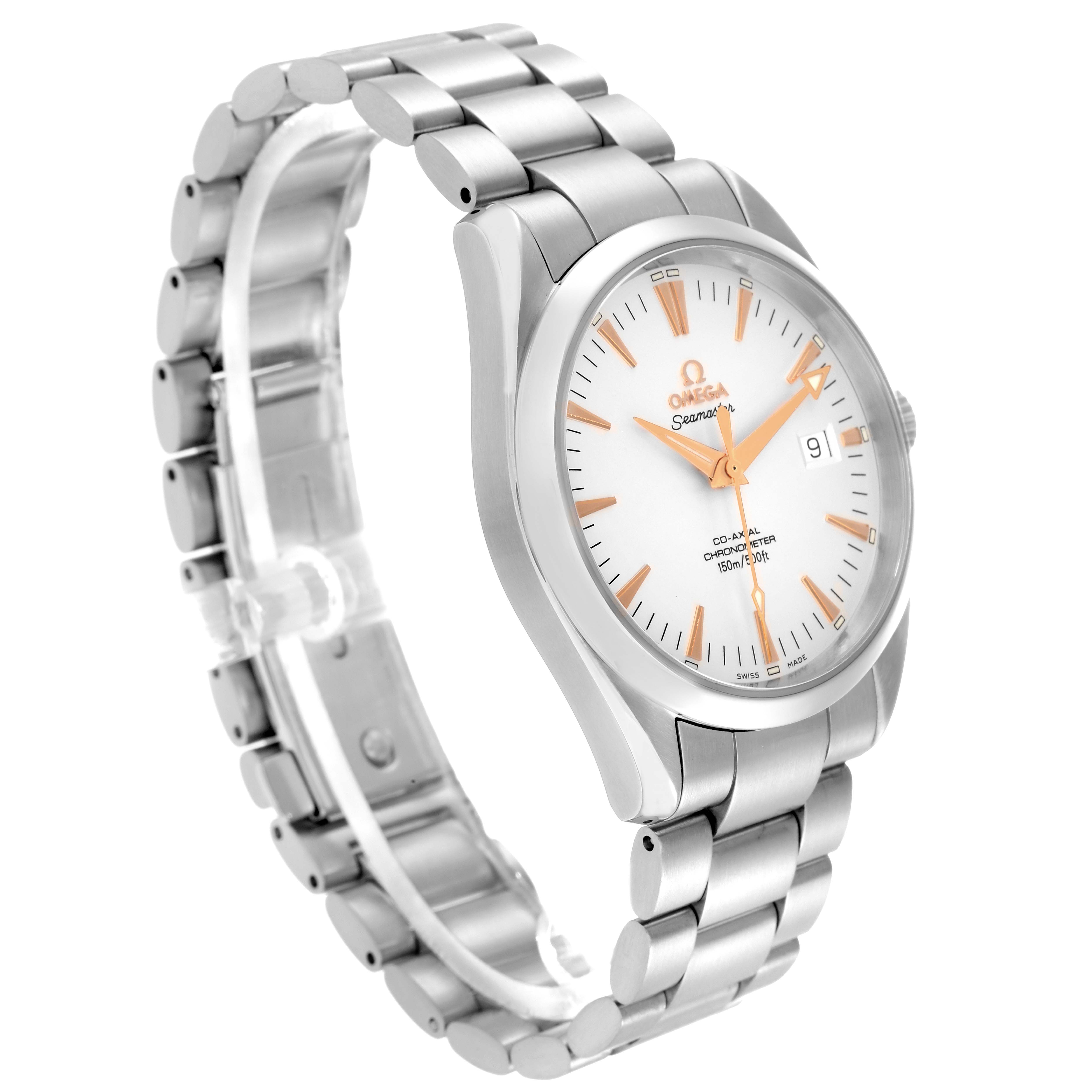 The Omega Seamaster model 2503.34.00 is shown at a three-quarter angle, highlighting the dial, bezel, bracelet, and side profile.