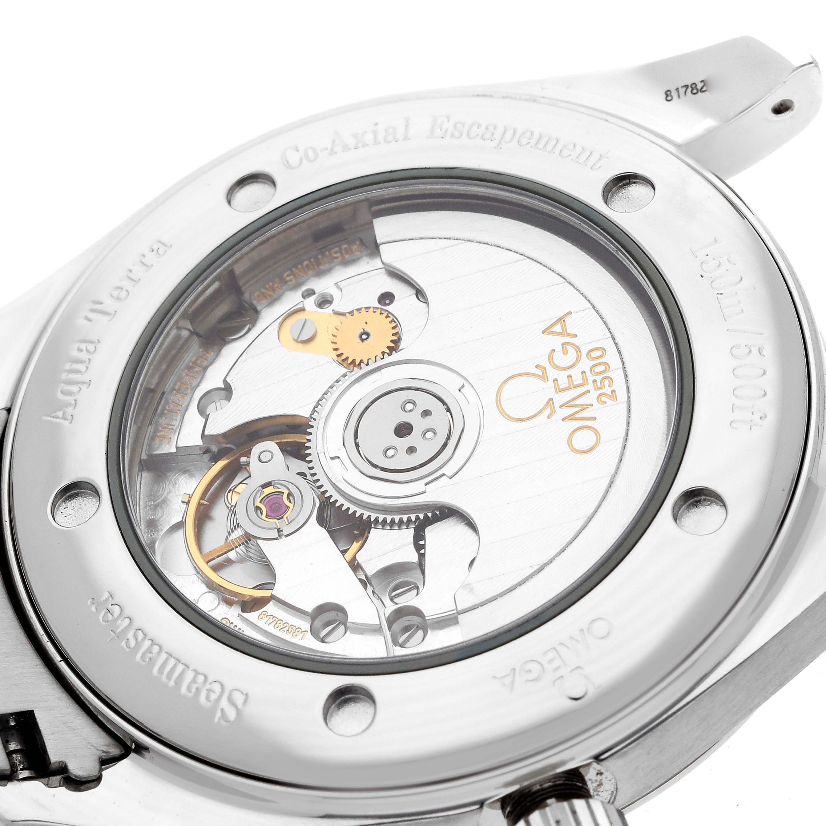 The image shows the back of an Omega Seamaster model 2503.33.00, highlighting its Co-Axial escapement and movement through a transparent case back.