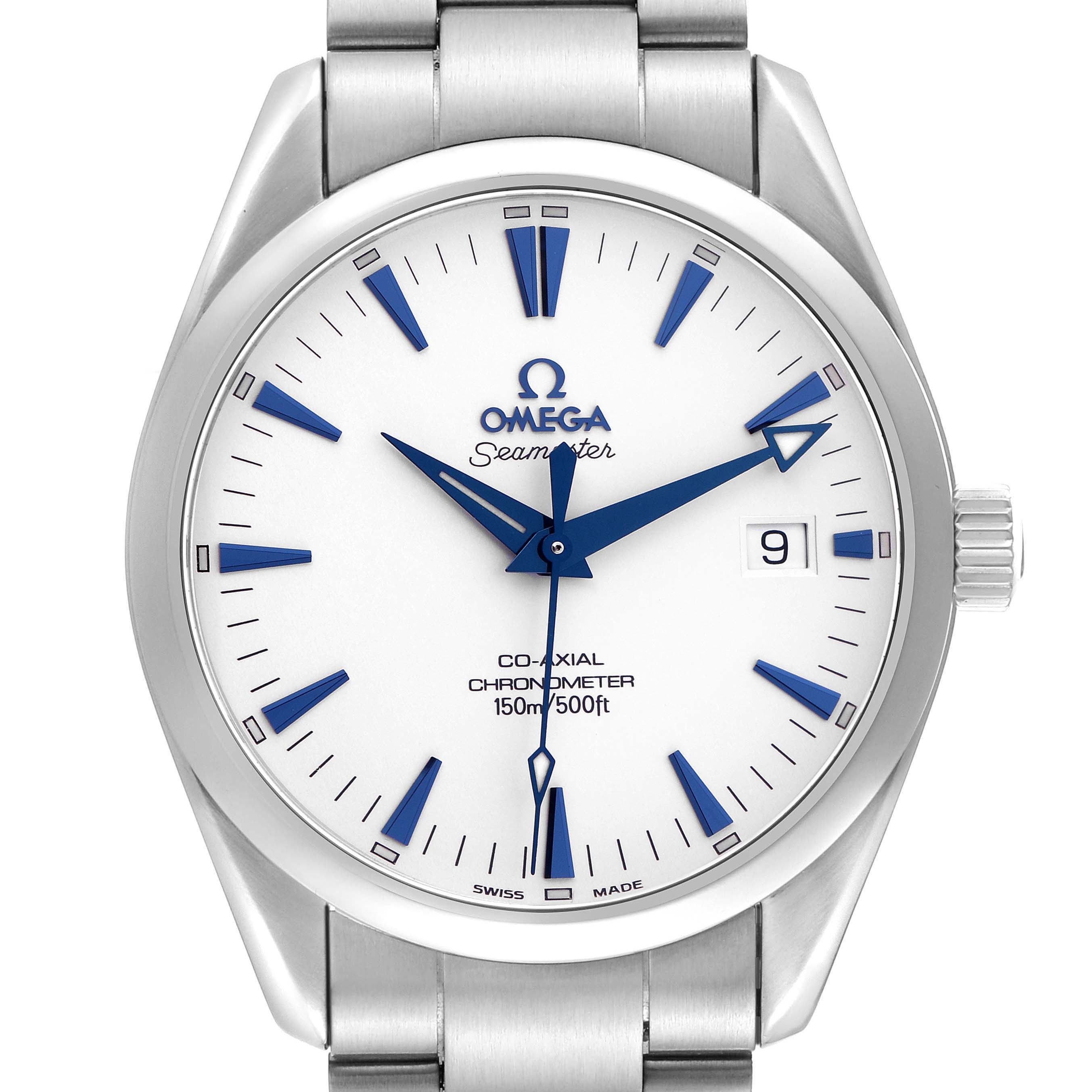 The Omega Seamaster model 2503.33.00 is shown from a front angle, displaying its white dial, blue hands, date window, and portion of its metal bracelet.