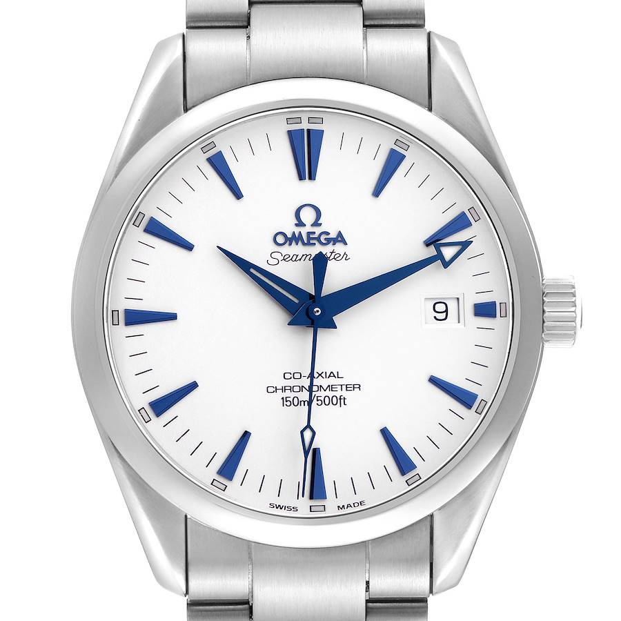 The Omega Seamaster model 2503.33.00 is shown from a front angle, displaying its white dial, blue hands, date window, and portion of its metal bracelet.