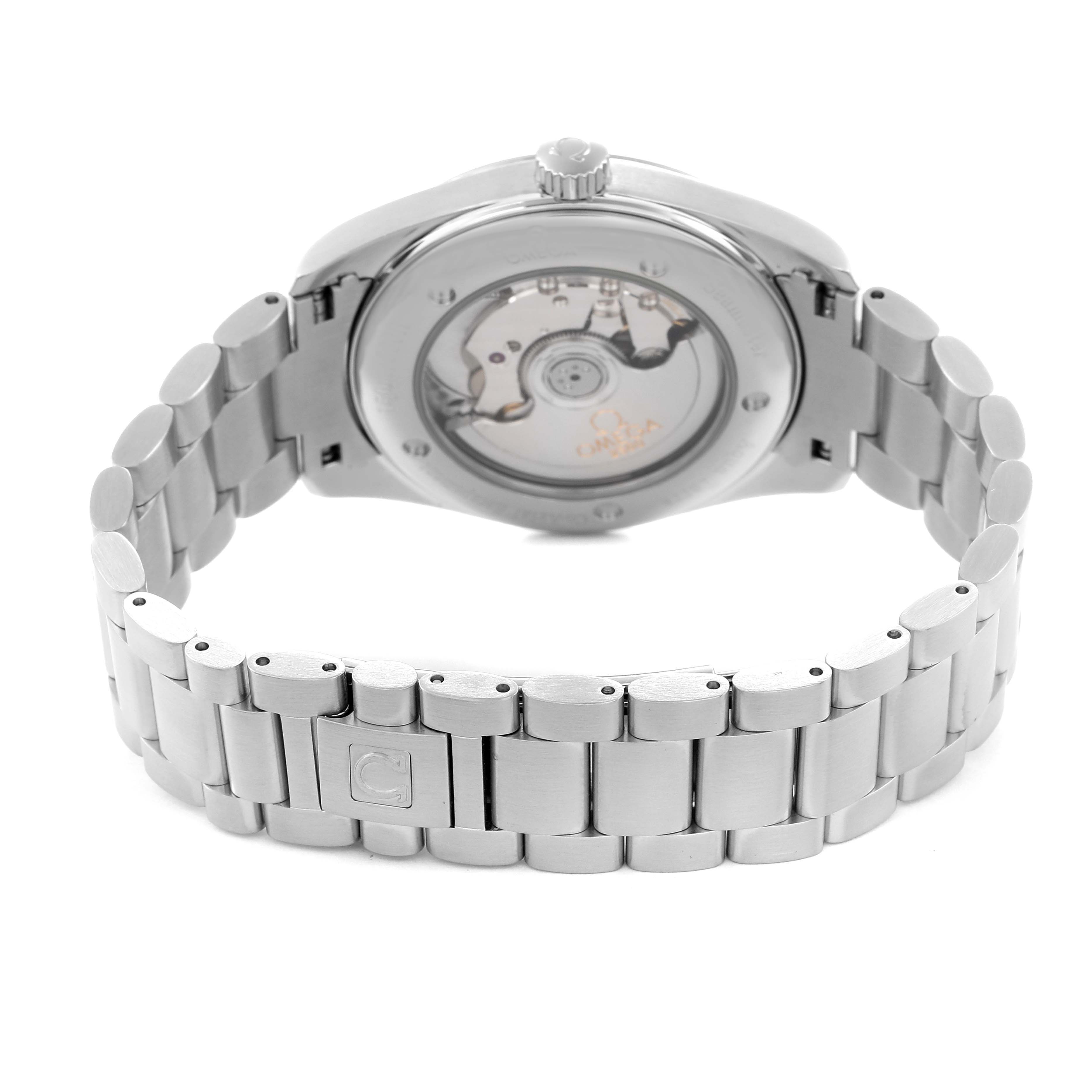 The image shows the back view of the Omega Seamaster model 2503.33.00, highlighting its transparent case back and metal bracelet.