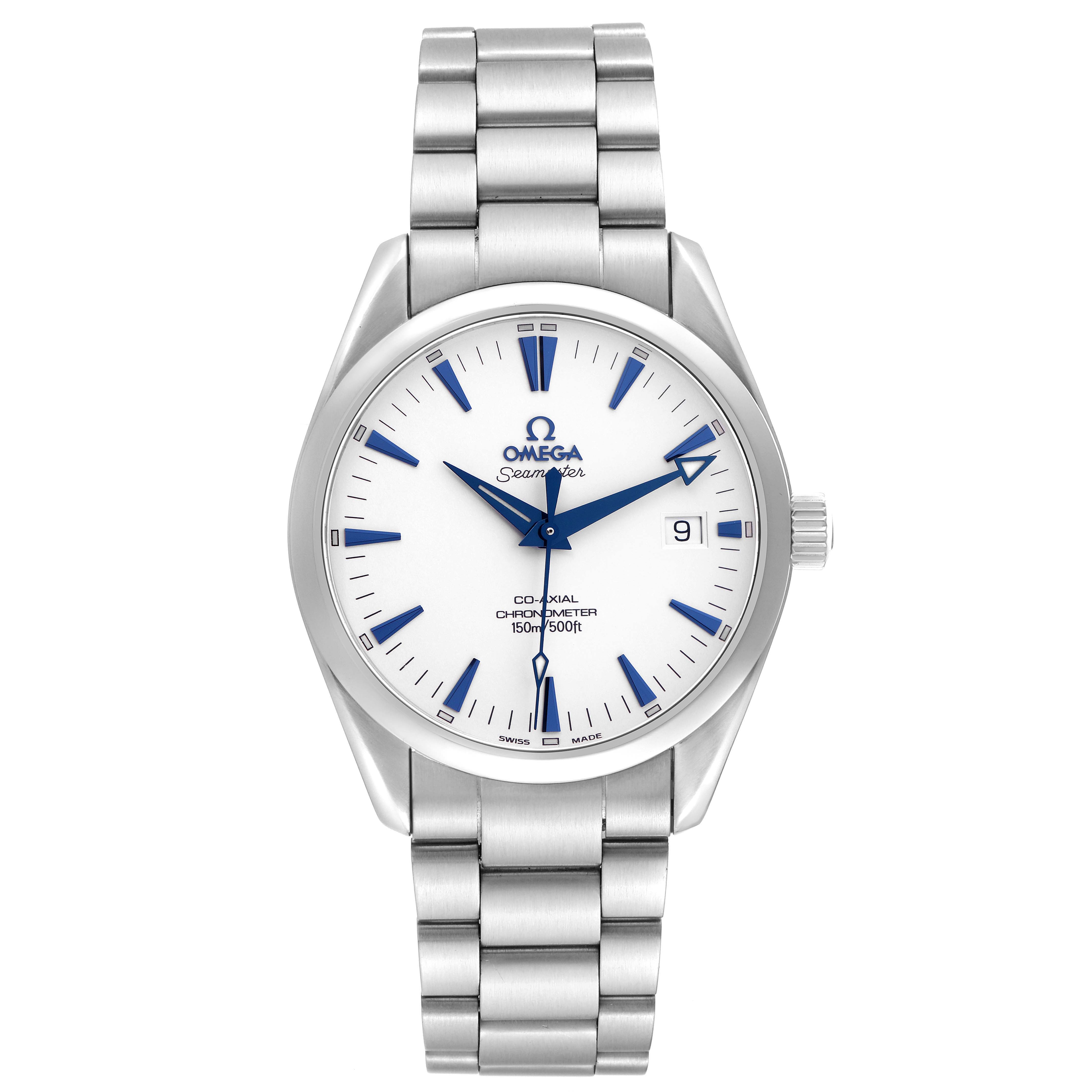 The Omega Seamaster model 2503.33.00 is shown from a frontal angle, displaying its white dial, blue markers, date window, and stainless steel bracelet.