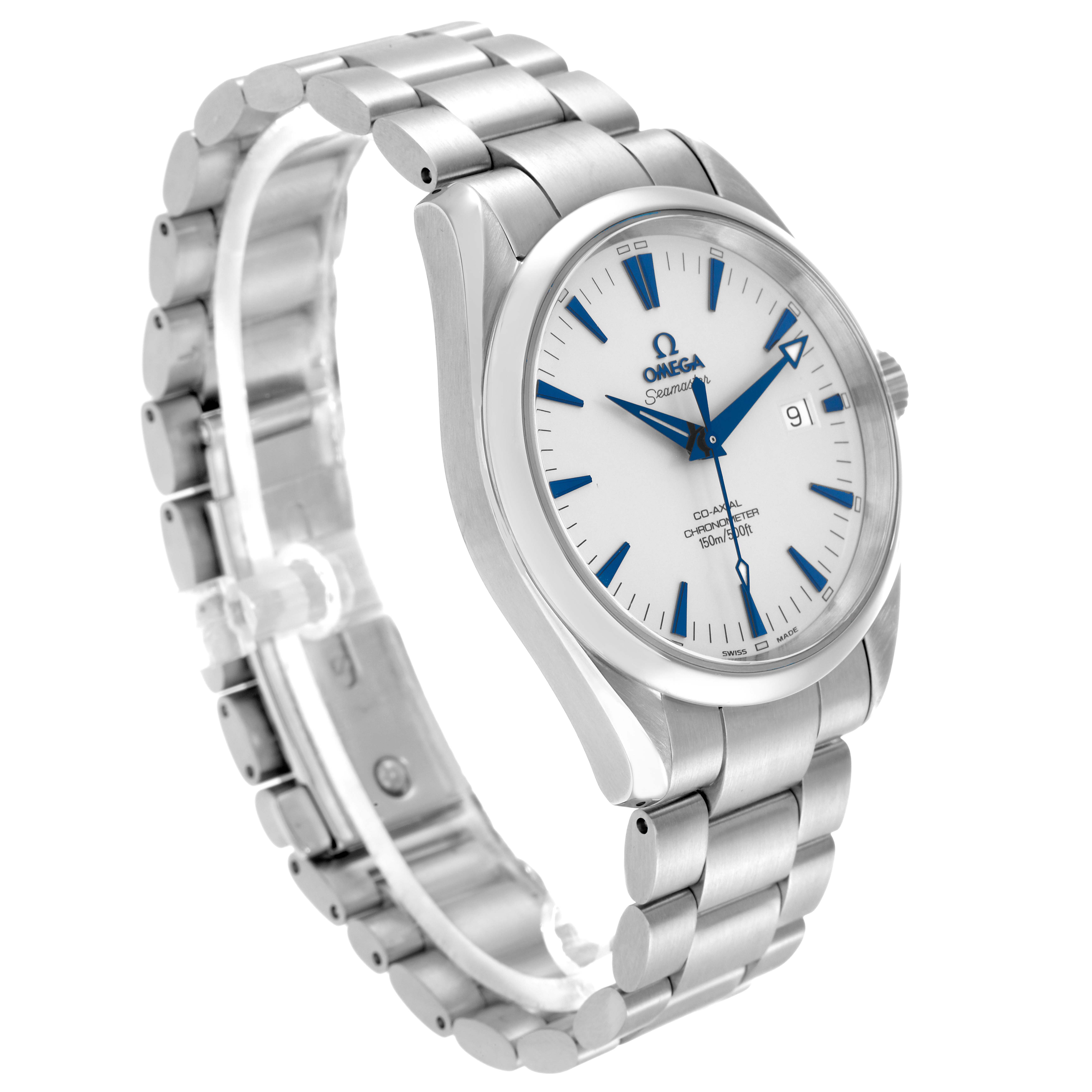 The image shows an Omega Seamaster model 2503.33.00 men
s watch at a slightly angled side view, highlighting the face, bezel, and stainless steel bracelet.