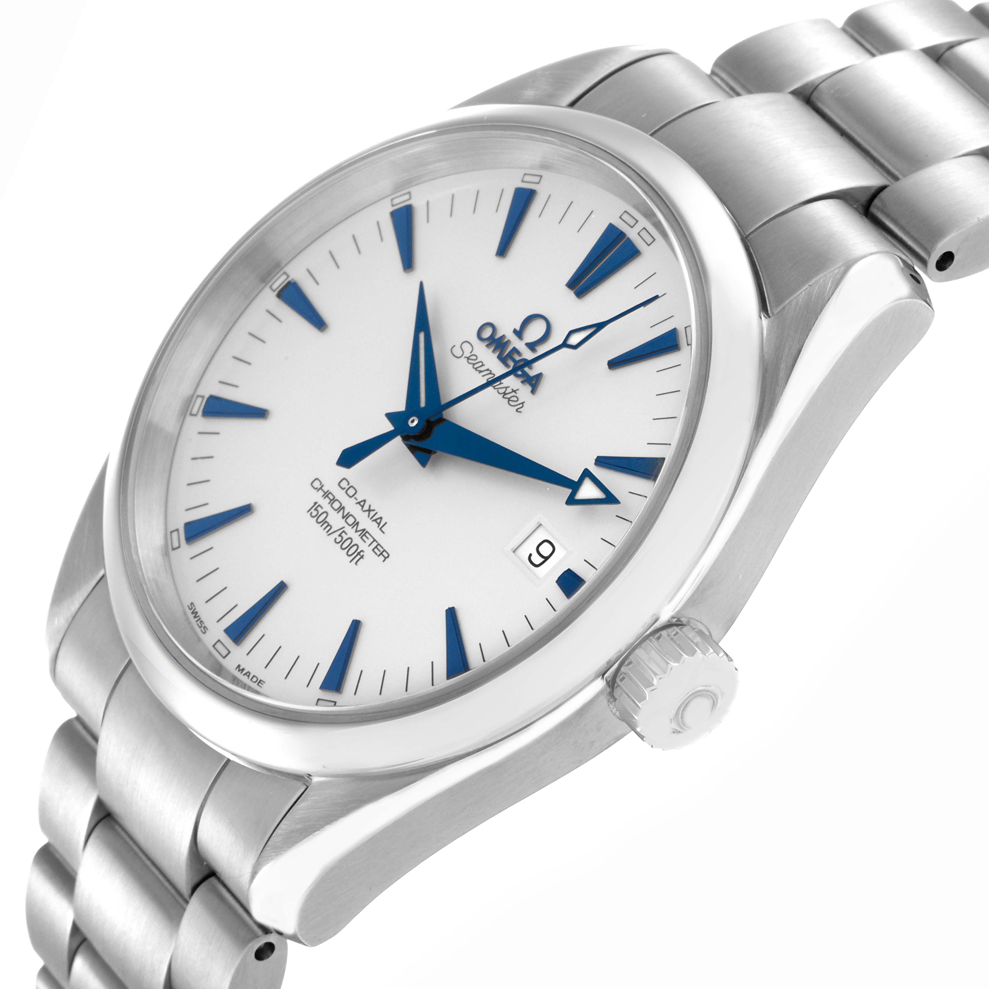 The Omega Seamaster 2503.33.00 watch is shown at a slight angle, highlighting the face, bezel, crown, and part of the bracelet.