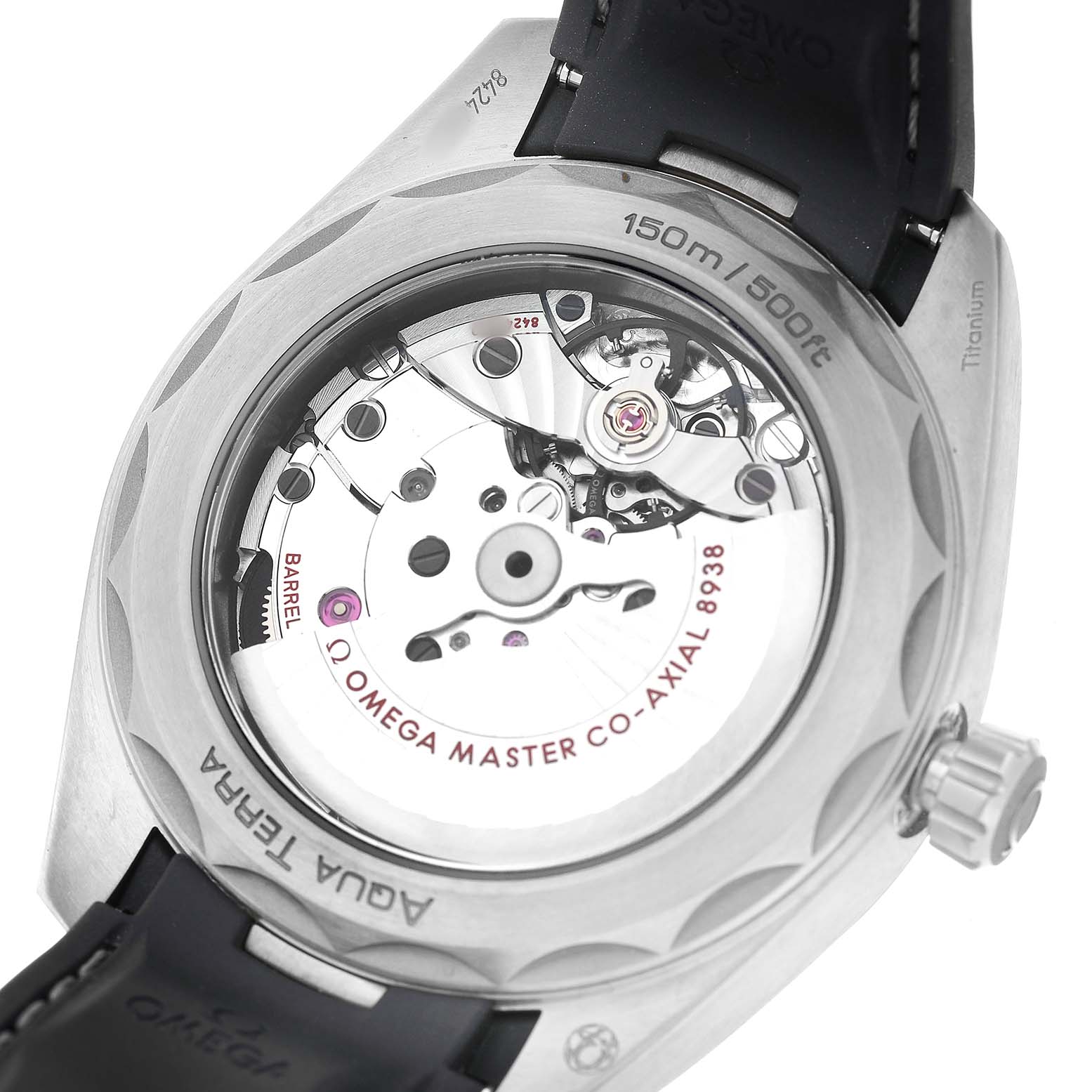 The image shows the back of the Omega Aqua Terra 220.92.43.22.99.001 Men's Titanium Grey Dial watch, featuring the exposed co-axial movement and the caseback details.