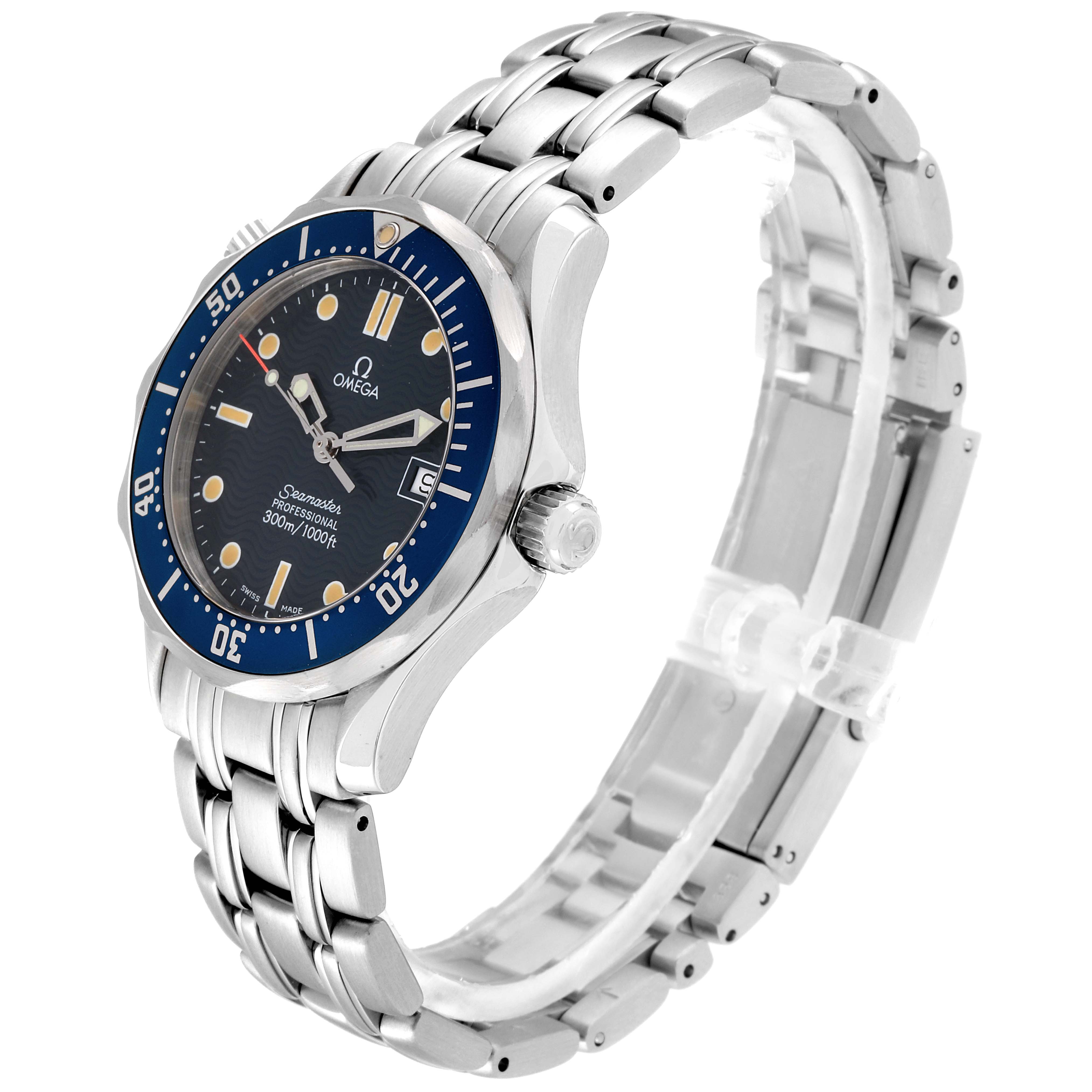 The image shows a side angle of the Omega Seamaster 2561.80.00 Men
s Stainless Steel Blue Dial 2561.80.00 Men
s Stainless Steel Blue Dial watch, displaying its blue bezel, face, and stainless steel bracelet.