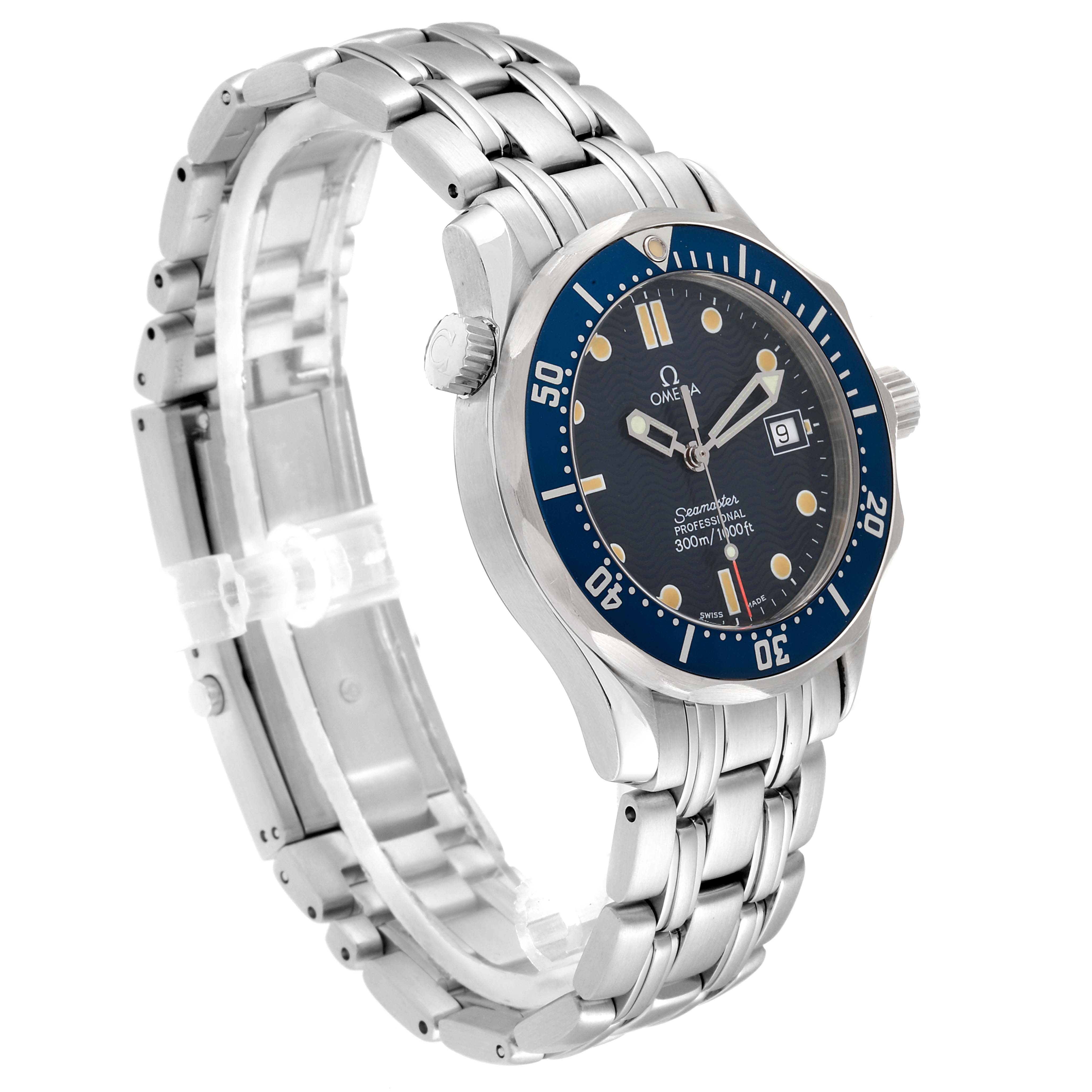 The Omega Seamaster 2561.80.00 Men
s Stainless Steel Blue Dial 2561.80.00 Men
s Stainless Steel Blue Dial watch is shown at an oblique angle, highlighting its face, bezel, crown, and stainless steel bracelet.