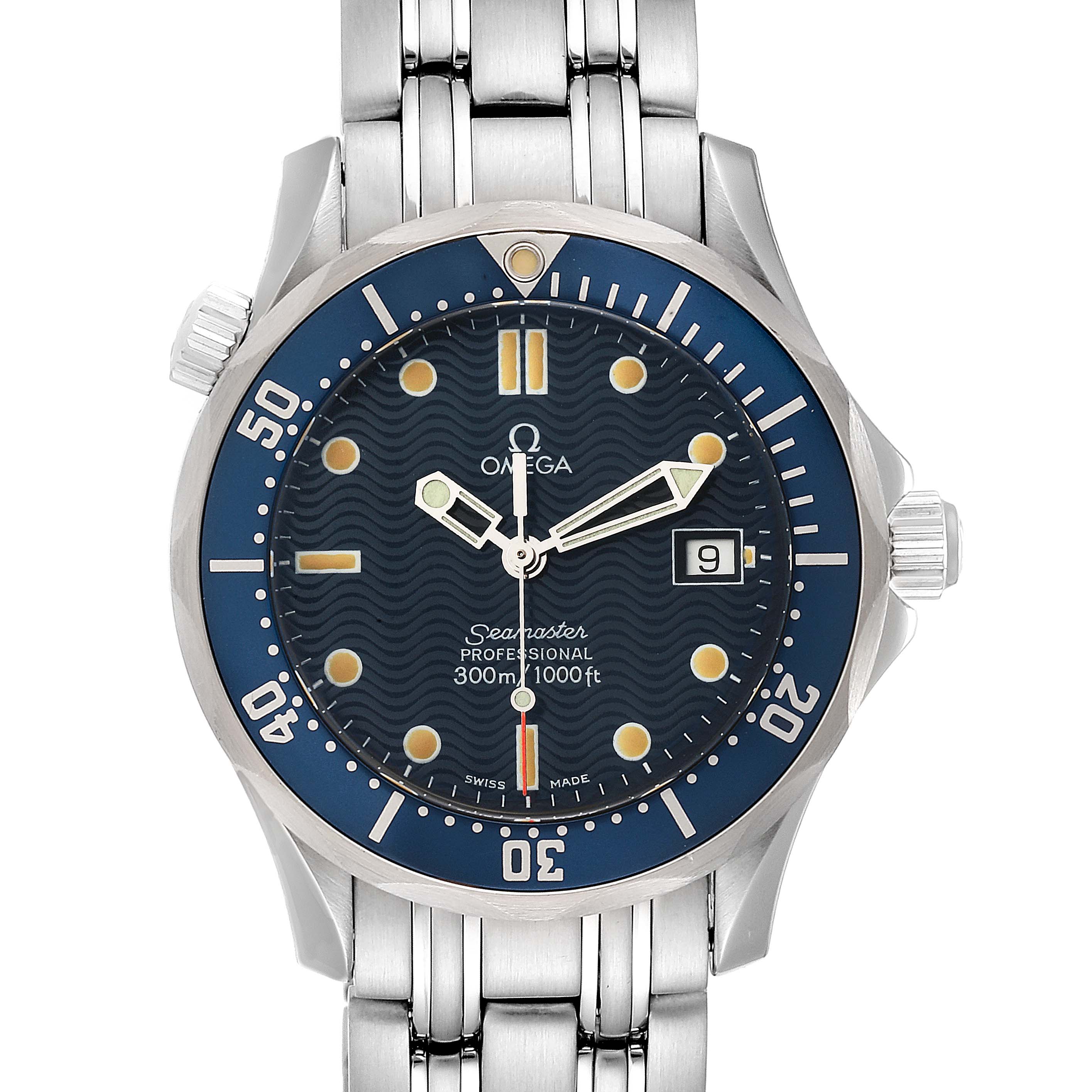 The Omega Seamaster 2561.80.00 Men
s Stainless Steel Blue Dial 2561.80.00 Men
s Stainless Steel Blue Dial watch is shown from a front angle, highlighting its blue dial, bezel, case, and stainless steel bracelet.