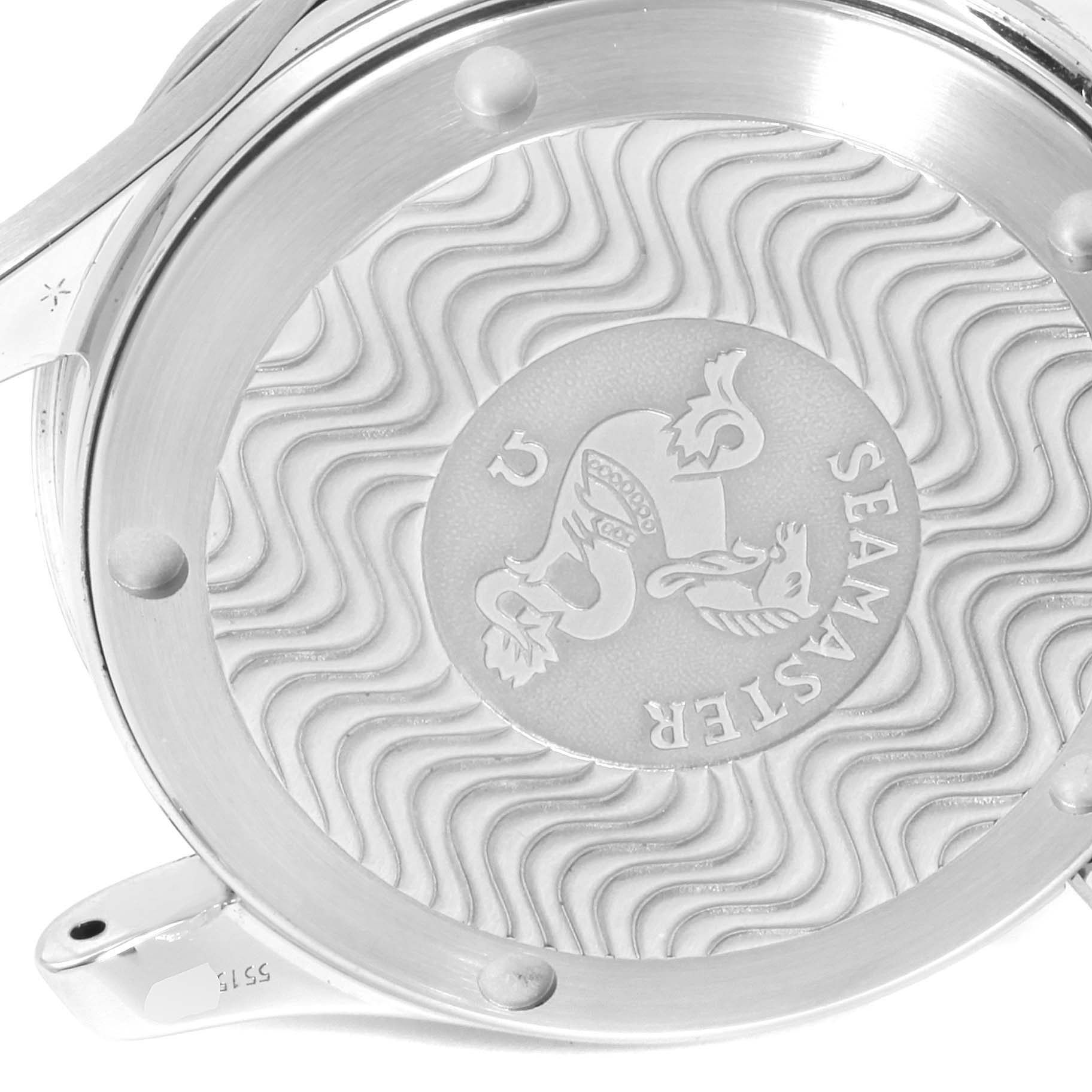 The image shows the back case of an Omega Seamaster 2561.80.00 Men
s Stainless Steel Blue Dial 2561.80.00 Men
s Stainless Steel Blue Dial watch, featuring the embossed logo and wave pattern.