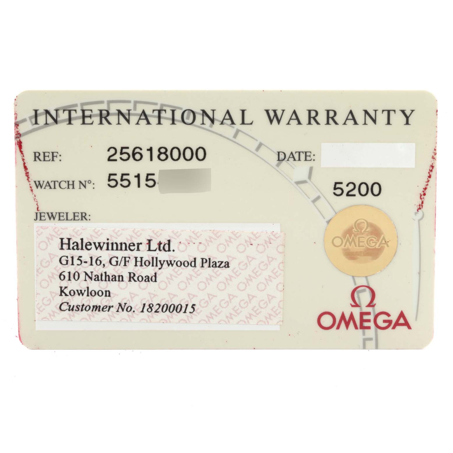 The image shows the international warranty card for an Omega Seamaster 2561.80.00 Men
s Stainless Steel Blue Dial 2561.80.00 Men
s Stainless Steel Blue Dial watch.