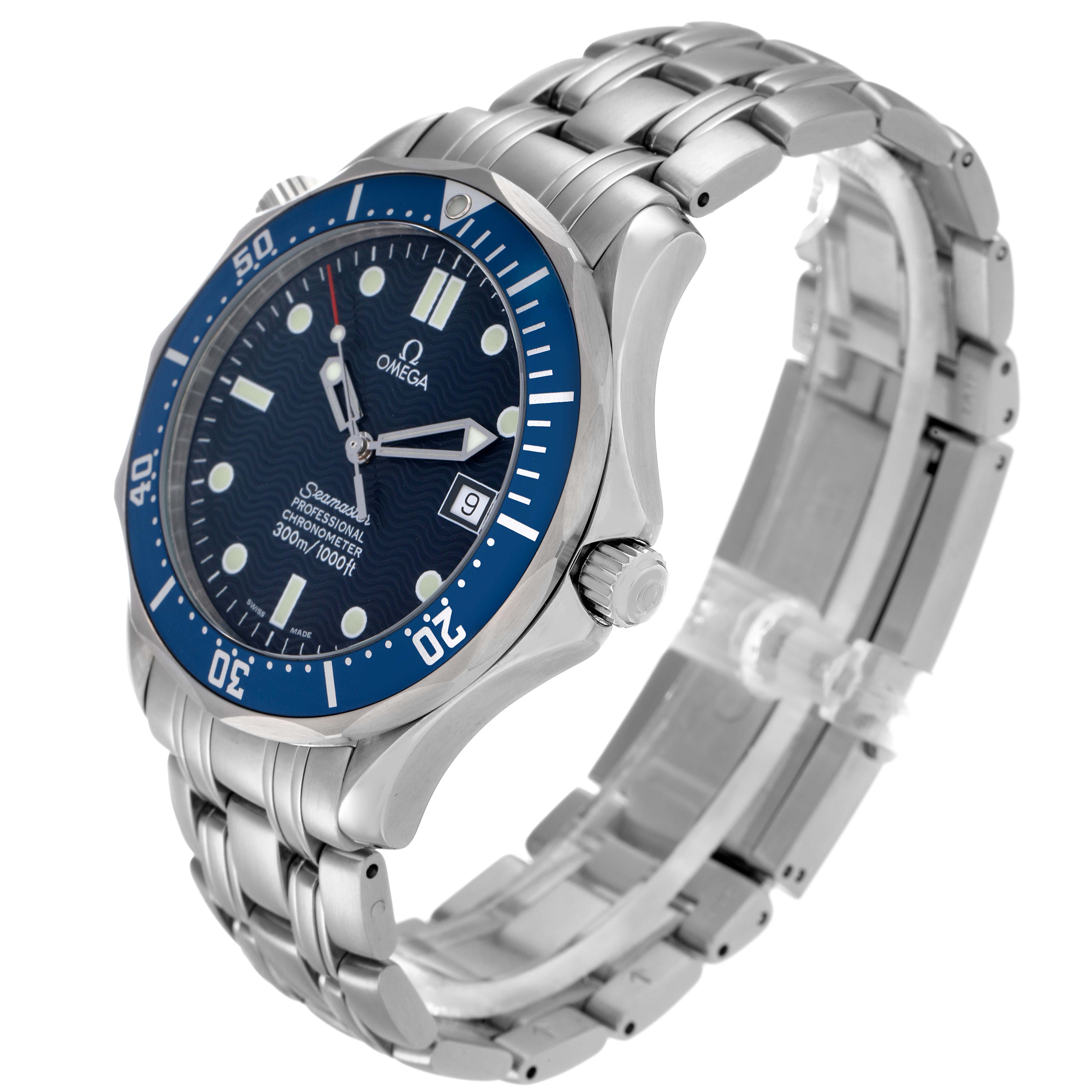 The Omega Seamaster 2531.80.00 Men
s Stainless Steel Blue Dial watch is shown at a three-quarter angle, displaying the face, bezel, crown, and part of the metal bracelet.