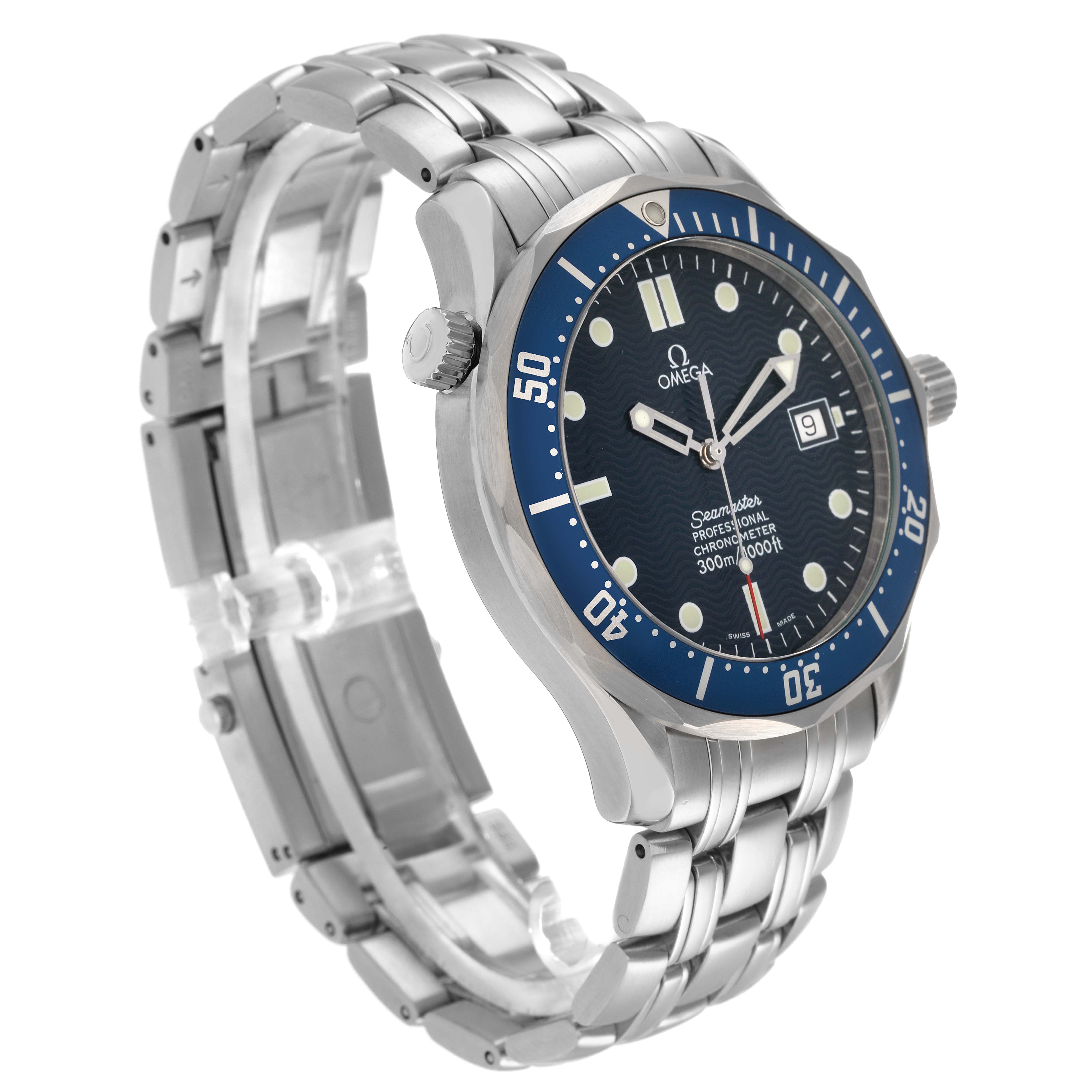The Omega Seamaster 2531.80.00 Men
s Stainless Steel Blue Dial watch is shown at a three-quarter angle, highlighting its blue dial, bezel, bracelet, and case.