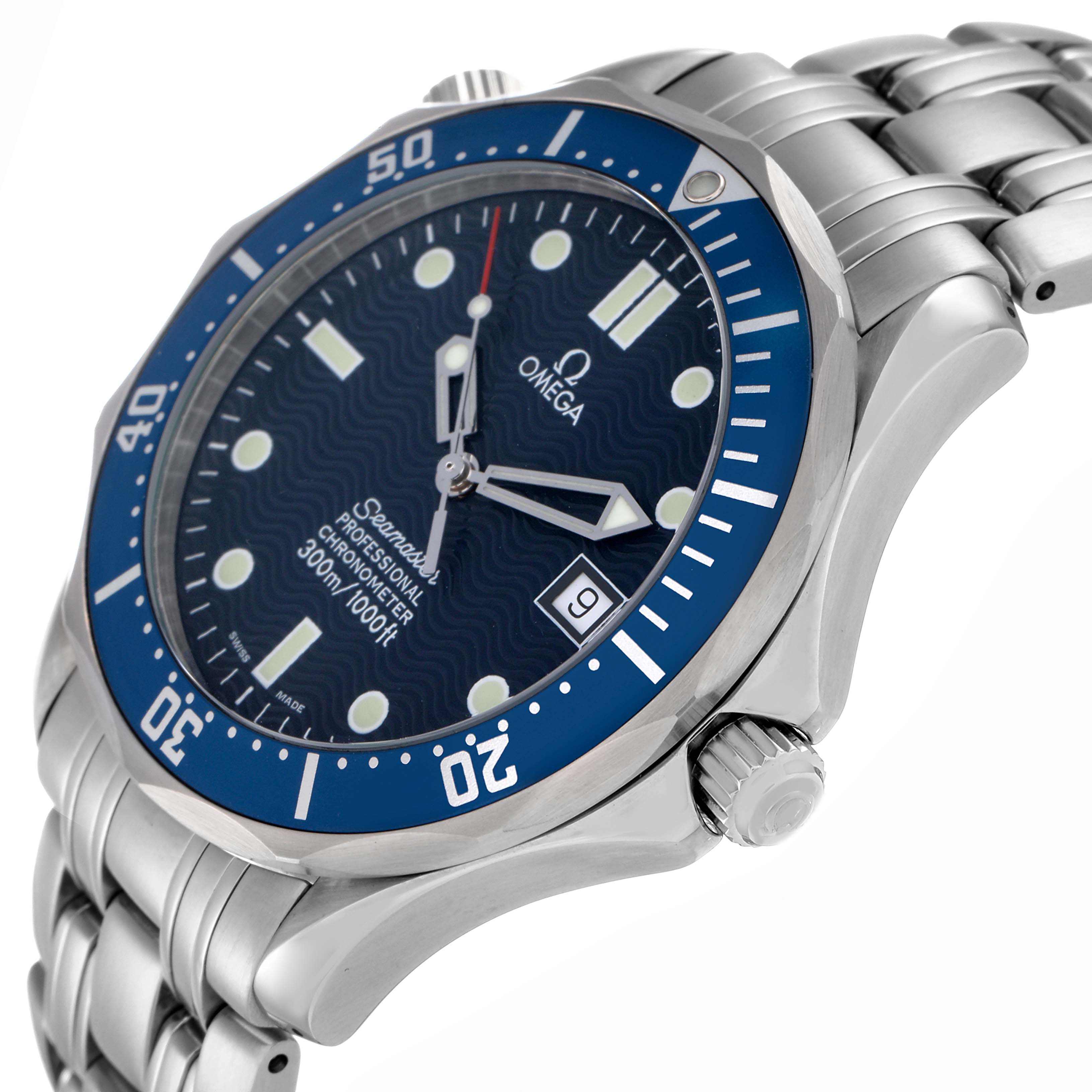 The Omega Seamaster 2531.80.00 Men
s Stainless Steel Blue Dial watch is shown at an angled side view, highlighting the bezel, dial, crown, and metal bracelet.