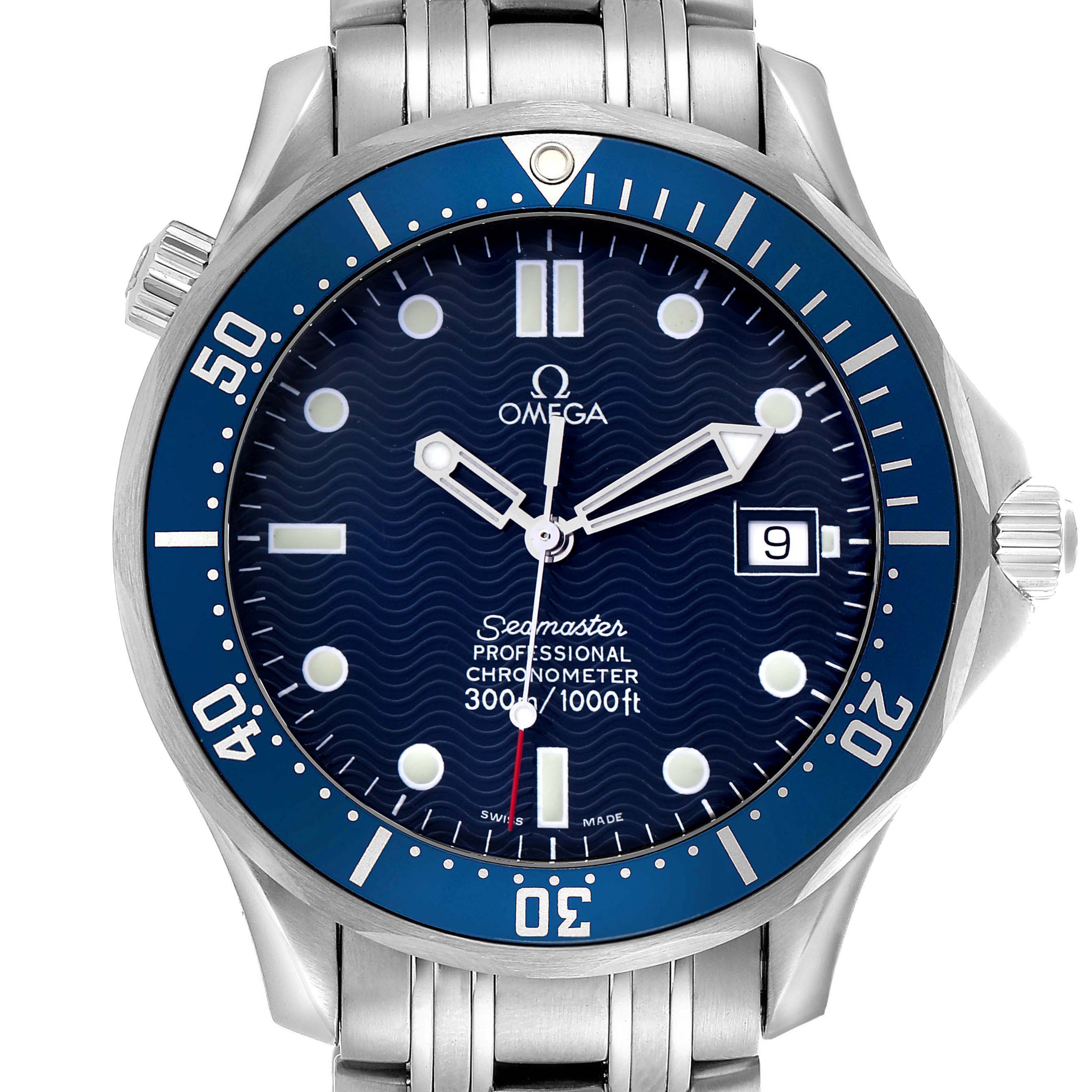 The Omega Seamaster 2531.80.00 Men
s Stainless Steel Blue Dial watch is shown from the front, highlighting its blue dial, bezel, and metal bracelet.