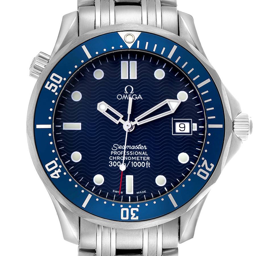 The Omega Seamaster model 2531.80.00 is shown from the front, highlighting the face, bezel, and part of the bracelet.