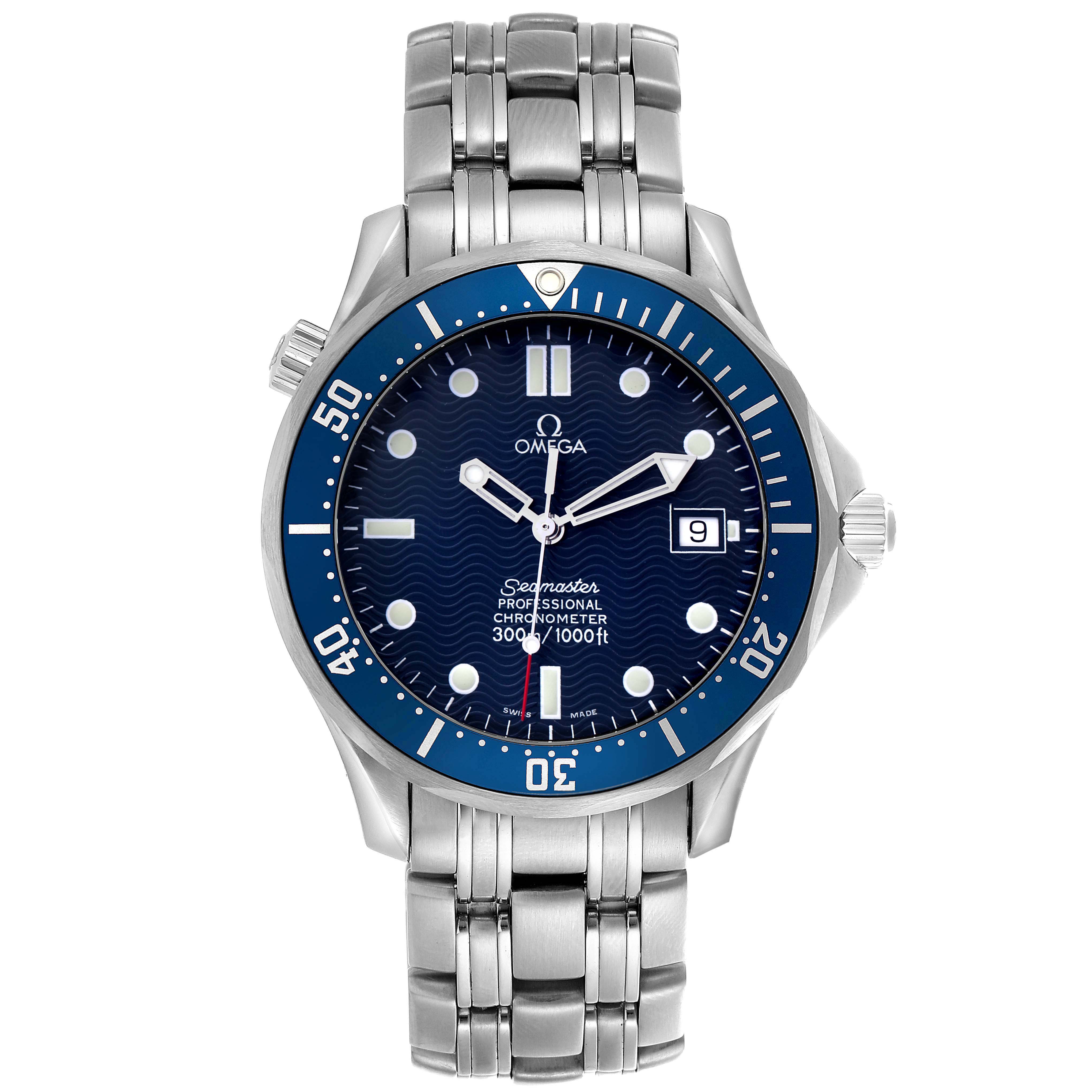 The Omega Seamaster 2531.80.00 Men
s Stainless Steel Blue Dial watch is shown from a front view, displaying the face, bezel, and stainless steel bracelet.