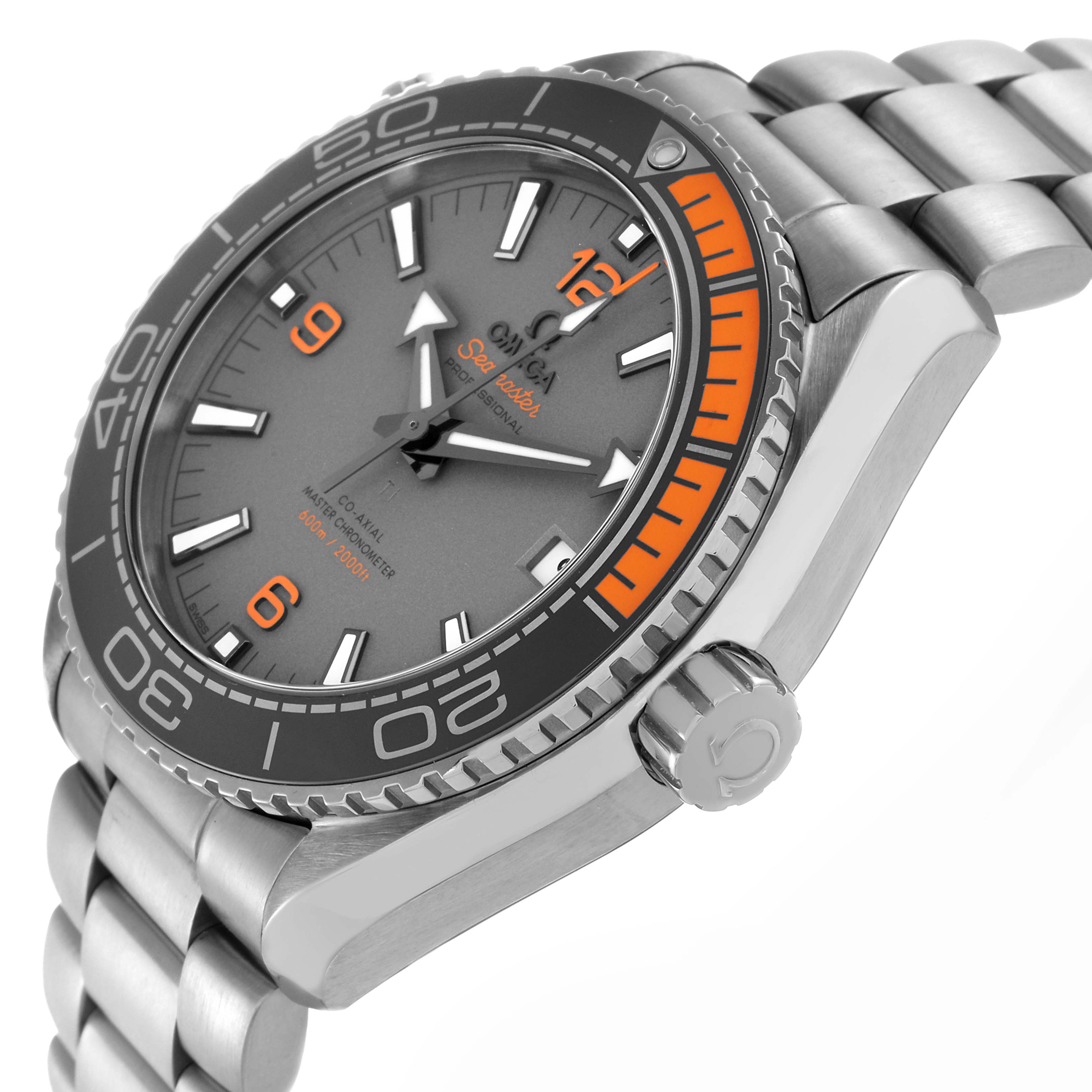 The Omega Planet Ocean model 215.90.44.21.99.001 is shown from a side angle, highlighting its bezel, crown, and bracelet.