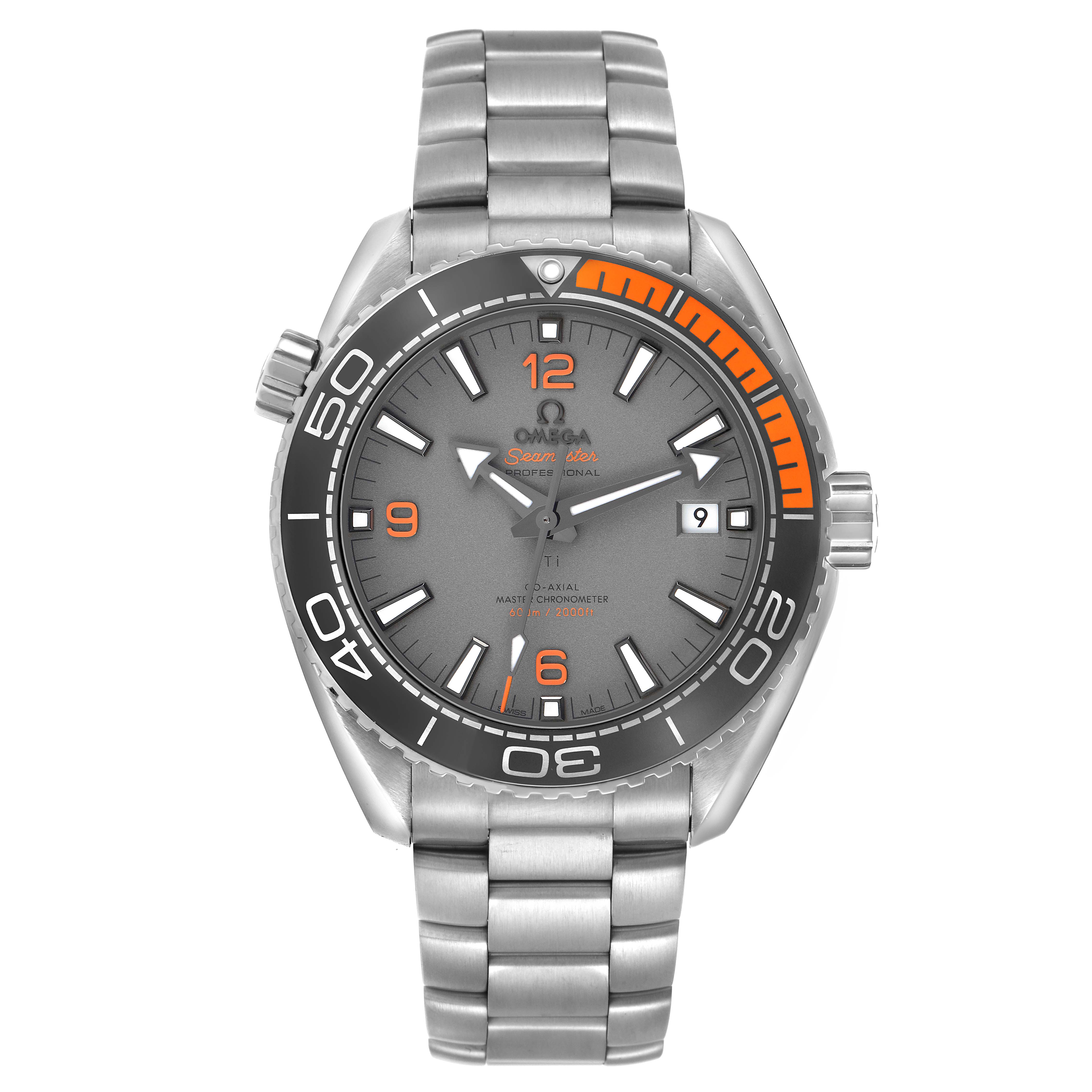 The Omega Planet Ocean model 215.90.44.21.99.001 is shown from a frontal angle, displaying the bracelet, bezel, dial, and crown.