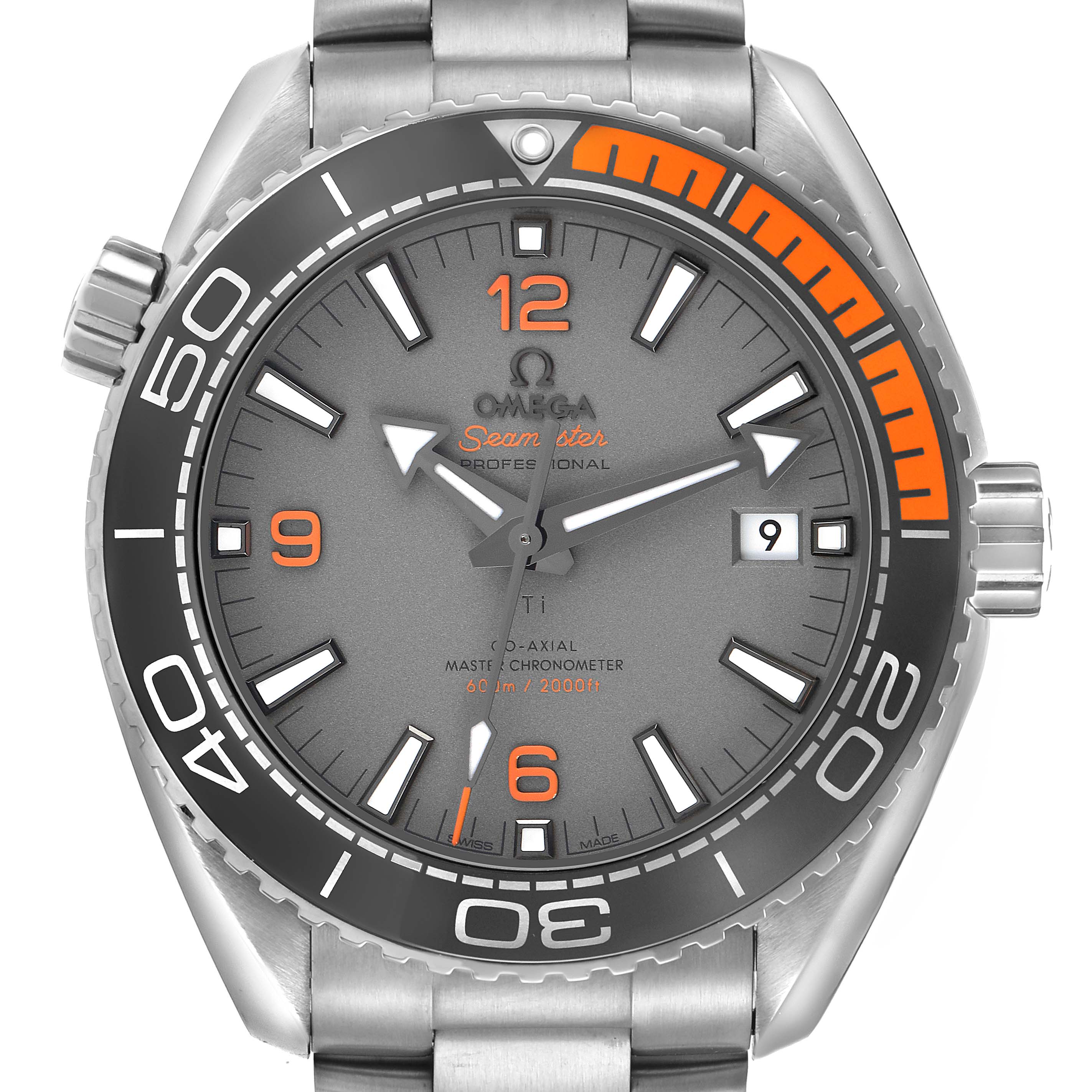 The image shows a front view of the Omega Planet Ocean model 215.90.44.21.99.001, displaying the face, bezel, indices, and partial bracelet.