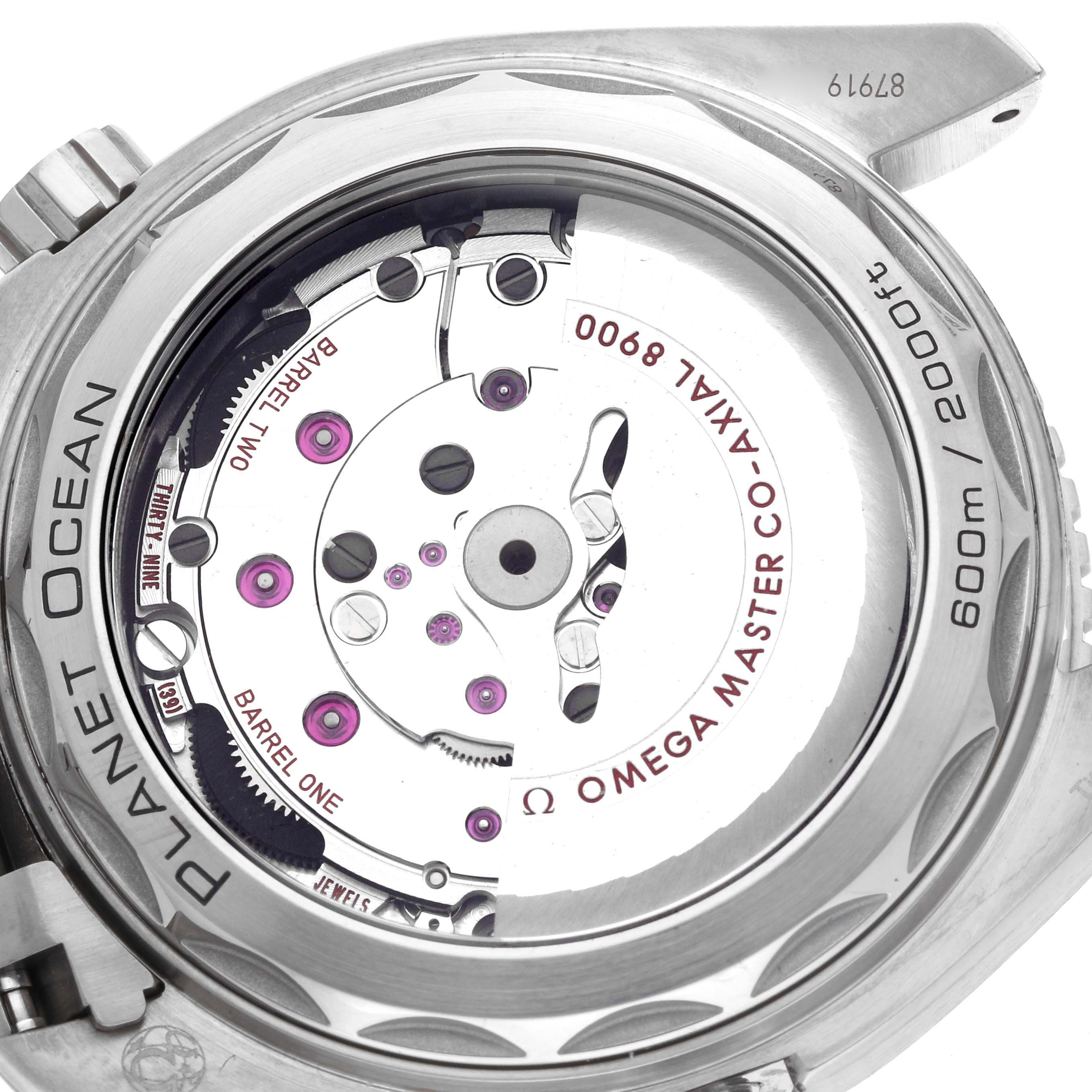The image shows the back of the Omega Planet Ocean model 215.90.44.21.99.001, highlighting the watch
s movement and case back engravings.