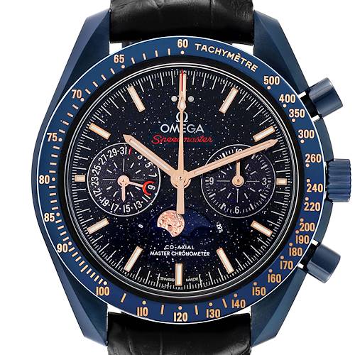 The image shows a frontal view of an Omega Speedmaster 304.93.44.52.03.002 Men's Ceramic Blue Dial watch, highlighting its dial, hands, subdials, and tachymeter bezel.