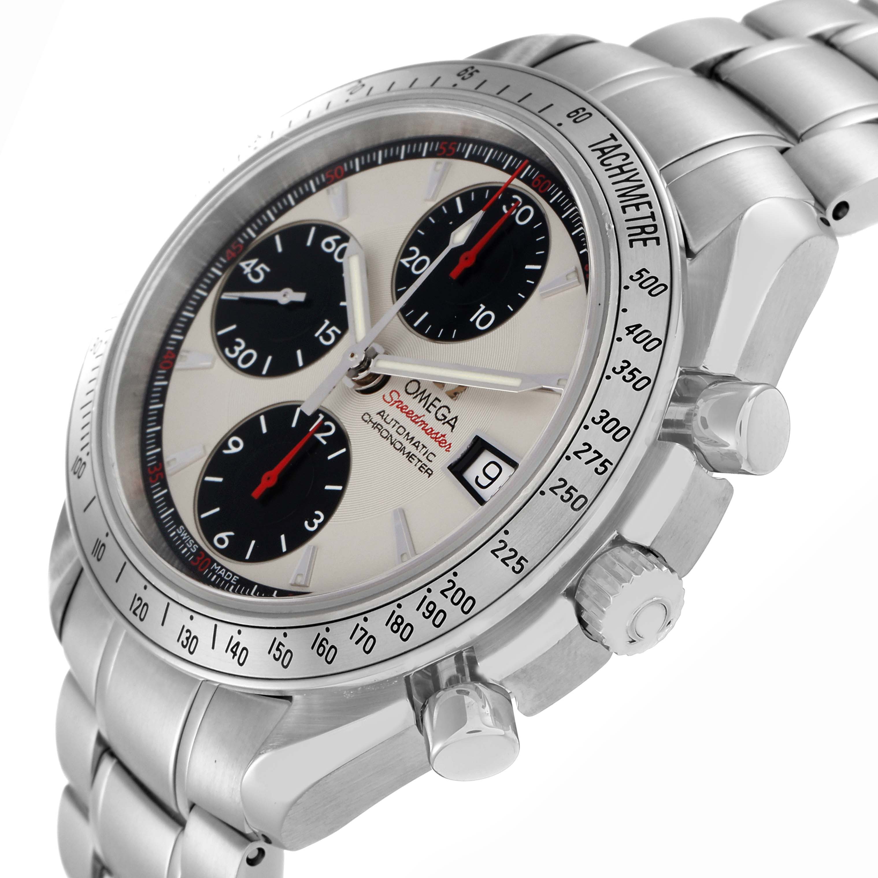 The Omega Speedmaster 3211.31.00 watch is shown at a side angle, highlighting the dial, tachymeter bezel, crown, pushers, and bracelet.