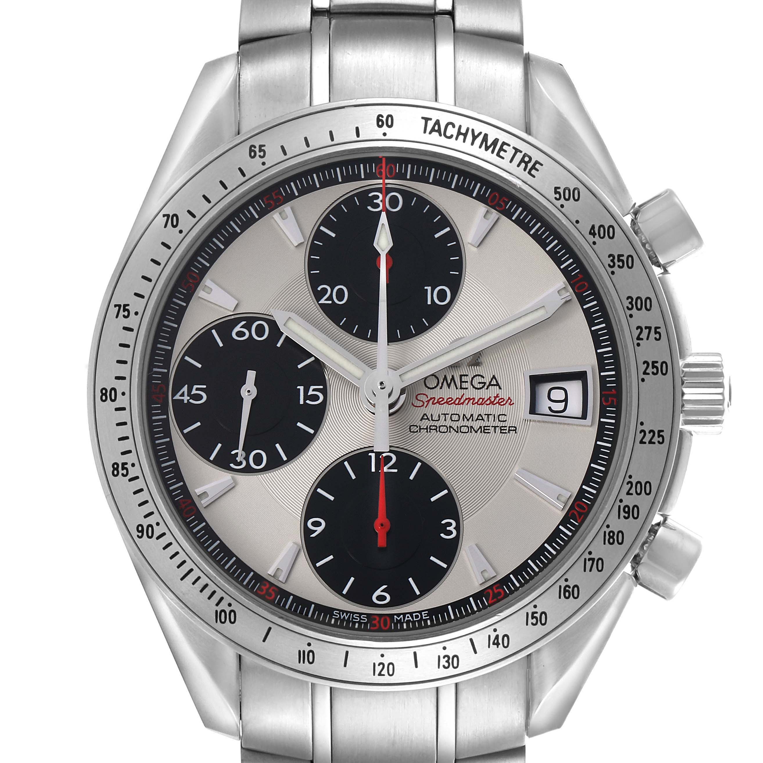 The image shows a frontal view of the Omega Speedmaster model 3211.31.00, displaying its tachymetric bezel, chronograph subdials, and date window.