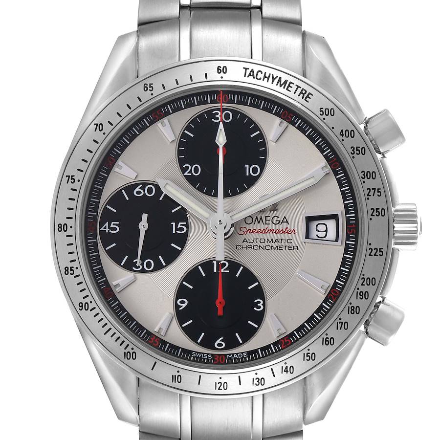 The image shows a frontal view of the Omega Speedmaster model 3211.31.00, displaying its tachymetric bezel, chronograph subdials, and date window.
