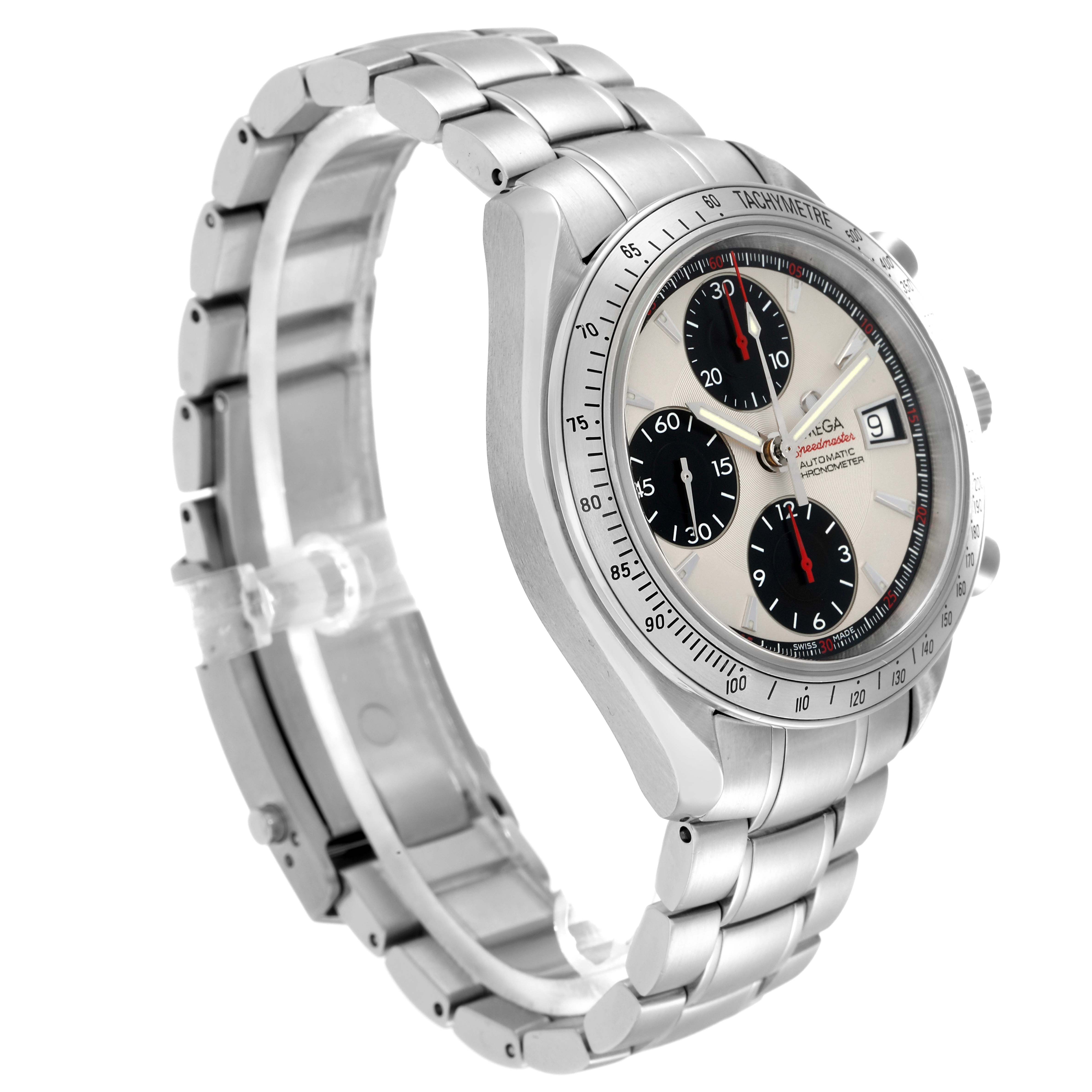 The Omega Speedmaster model 3211.31.00 is shown at an angle capturing the face, bezel, and side profile, highlighting the bracelet and tachymeter.