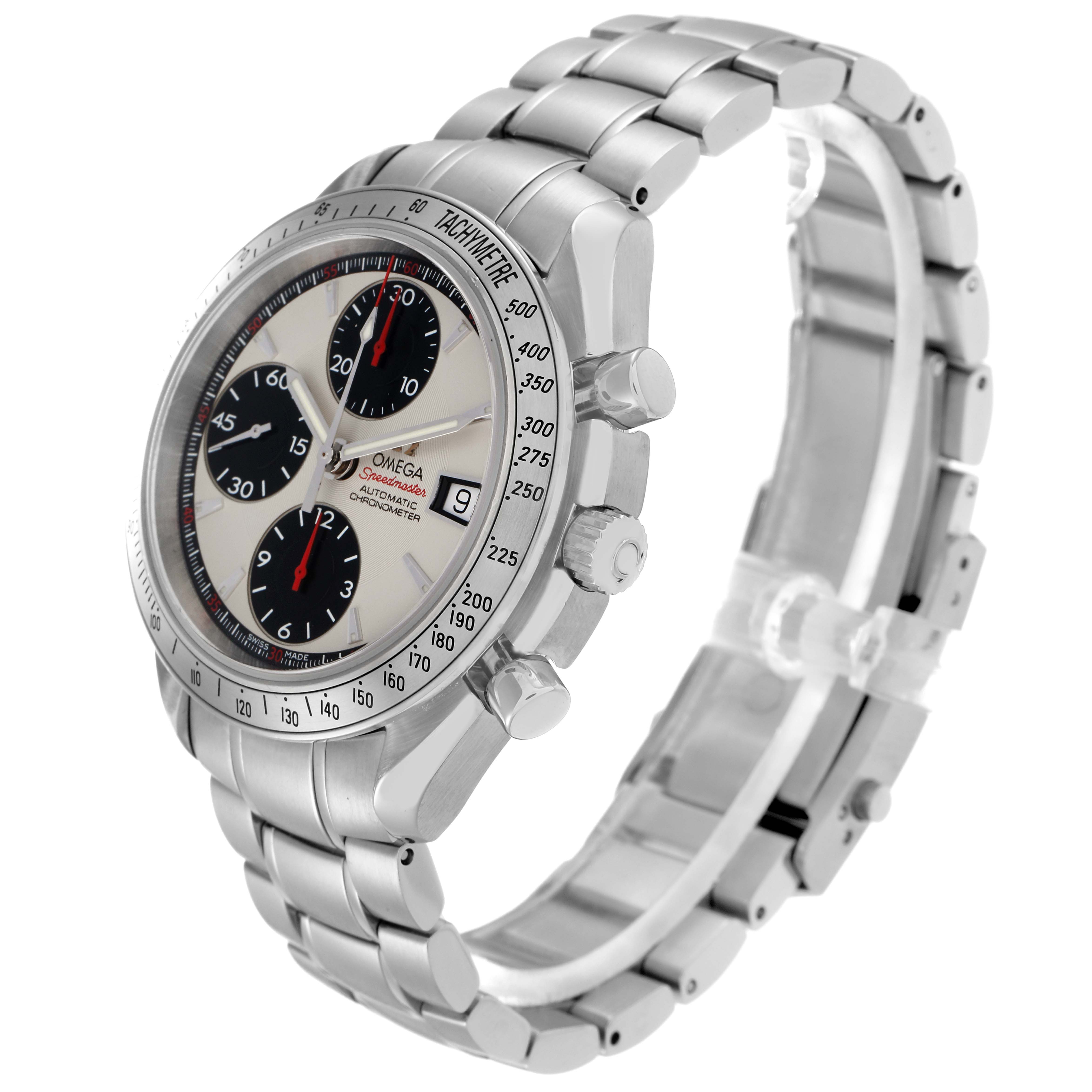 The Omega Speedmaster 3211.31.00 men
s watch is shown from a three-quarter angle highlighting the bracelet, case, bezel, crown, and chronograph pushers.