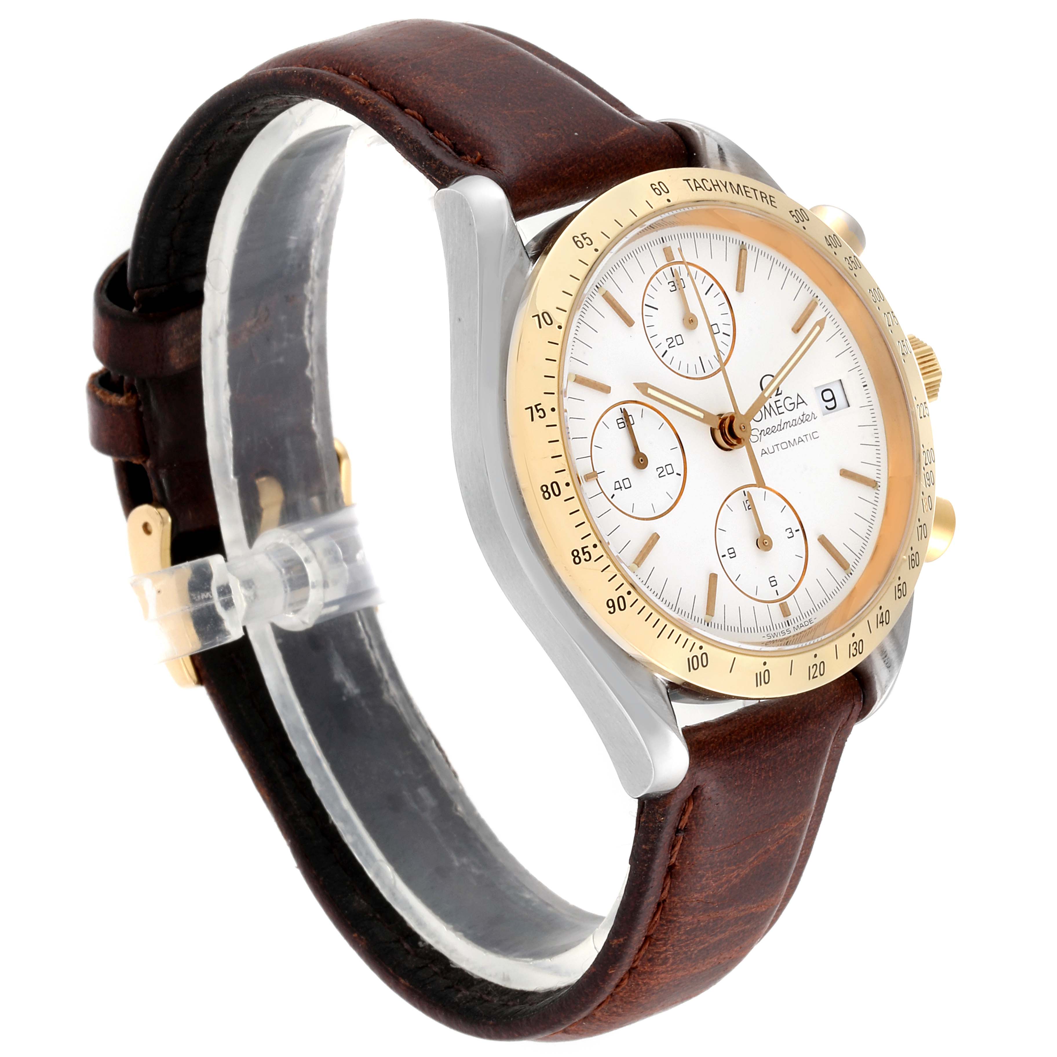 This image shows an Omega Speedmaster 3311.20.00 Men's Steel and Gold (two tone) White Dial 3311.20.00 Men's Steel and Gold (two tone) White Dial watch at a three-quarter angle, highlighting the dial, bezel, strap, and side pushers.