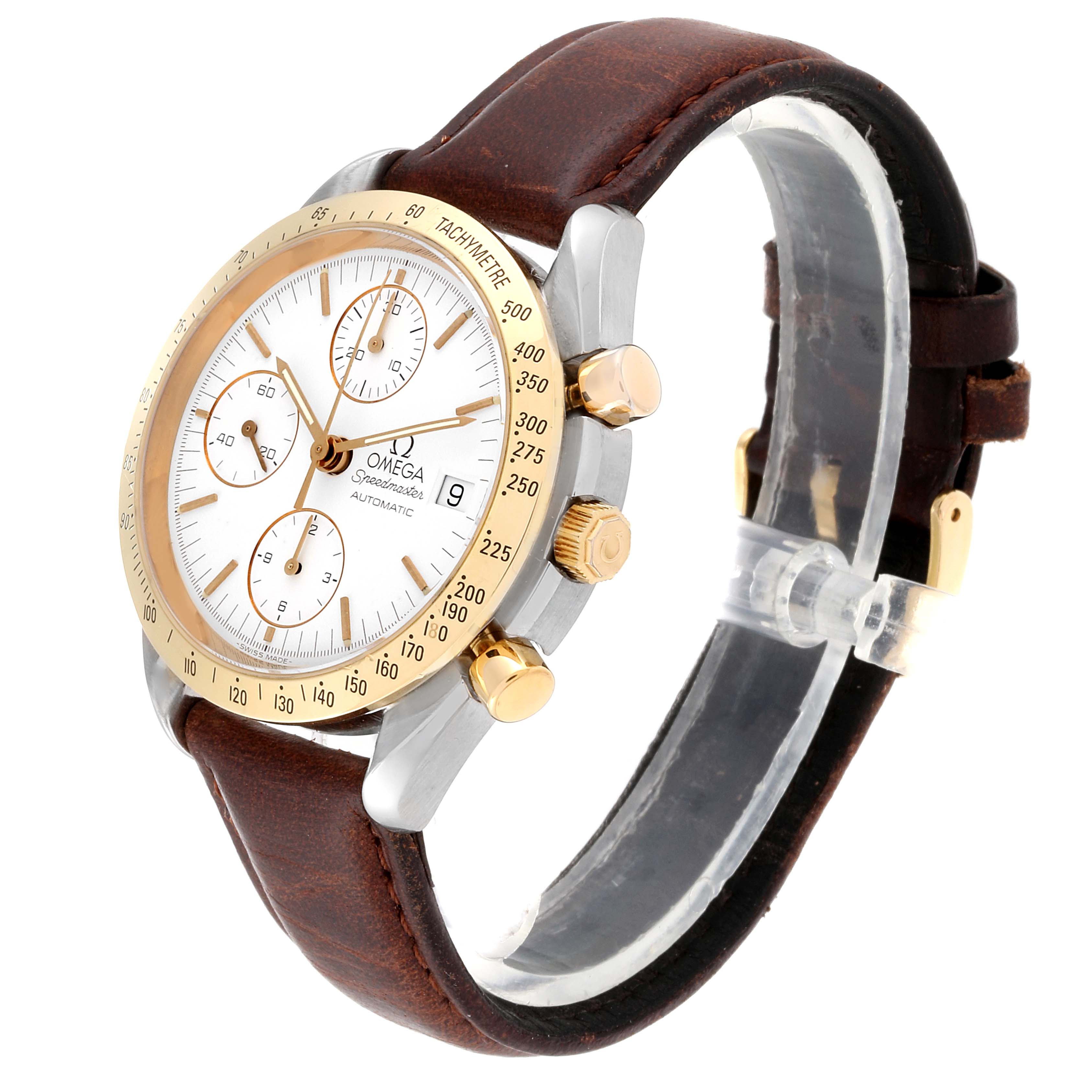 The image shows an angled side view of an Omega Speedmaster 3311.20.00 Men's Steel and Gold (two tone) White Dial 3311.20.00 Men's Steel and Gold (two tone) White Dial watch featuring a white dial, gold bezel, and brown leather strap.