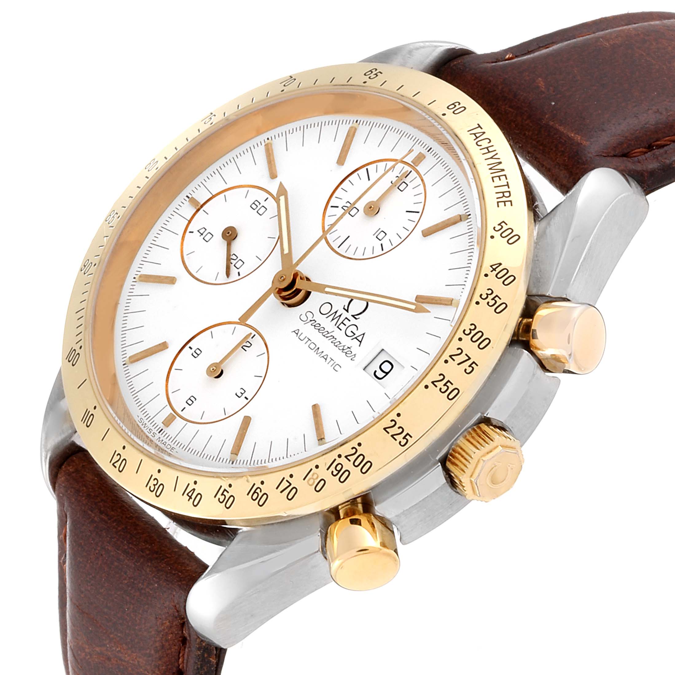 This image shows a close-up angled view of the Omega Speedmaster 3311.20.00 Men's Steel and Gold (two tone) White Dial 3311.20.00 Men's Steel and Gold (two tone) White Dial watch, highlighting the dial, bezel, crown, and part of the strap.