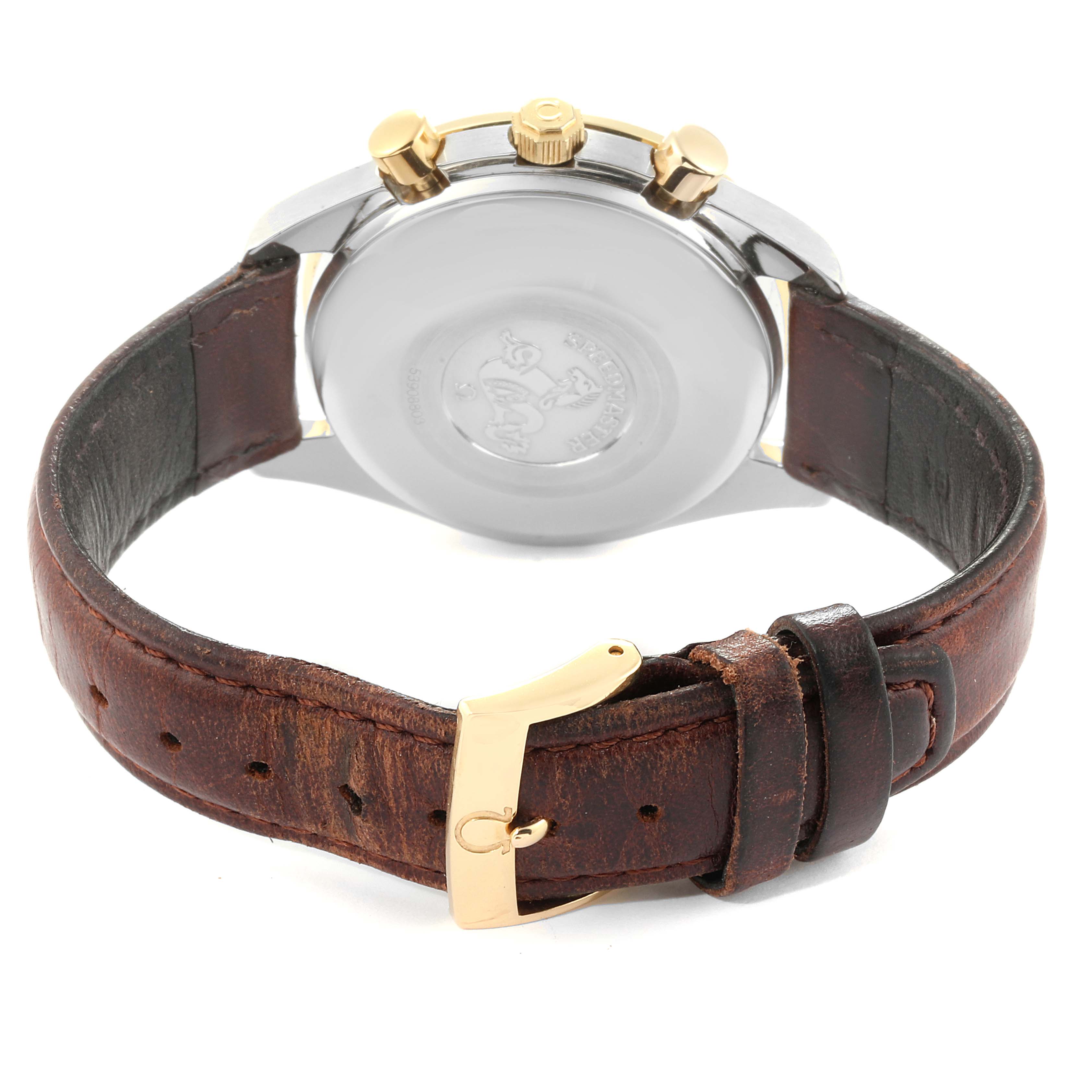 The image shows the back view of an Omega Speedmaster 3311.20.00 Men's Steel and Gold (two tone) White Dial 3311.20.00 Men's Steel and Gold (two tone) White Dial watch, highlighting the case back, leather strap, and gold buckle.