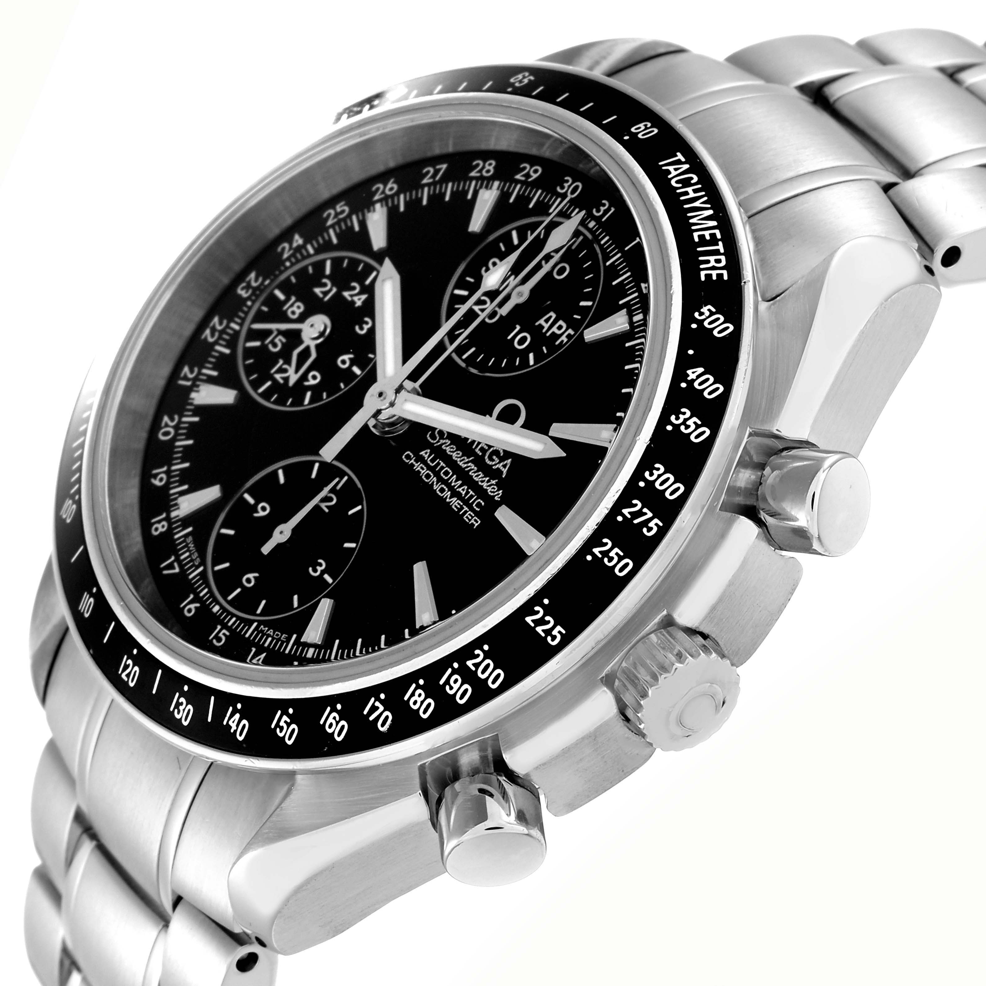 The Omega Speedmaster Men
s watch, model 3220.50.00, is shown at a slight angled close-up, highlighting the dial, tachymeter bezel, and crown.