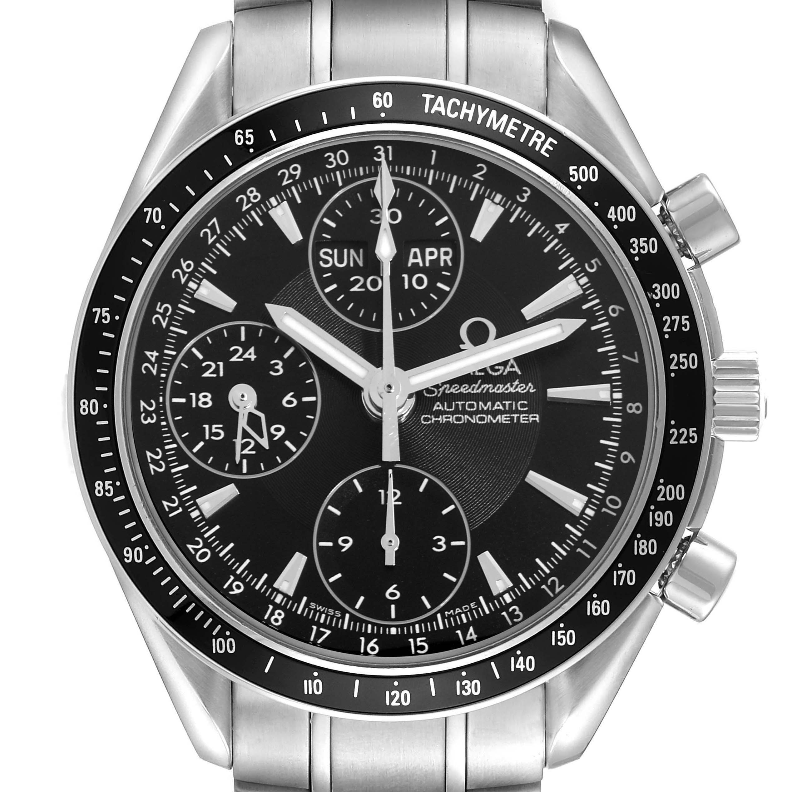 The Omega Speedmaster model 3220.50.00 is shown from the front, highlighting the chronograph dials, tachymeter bezel, and watch hands.