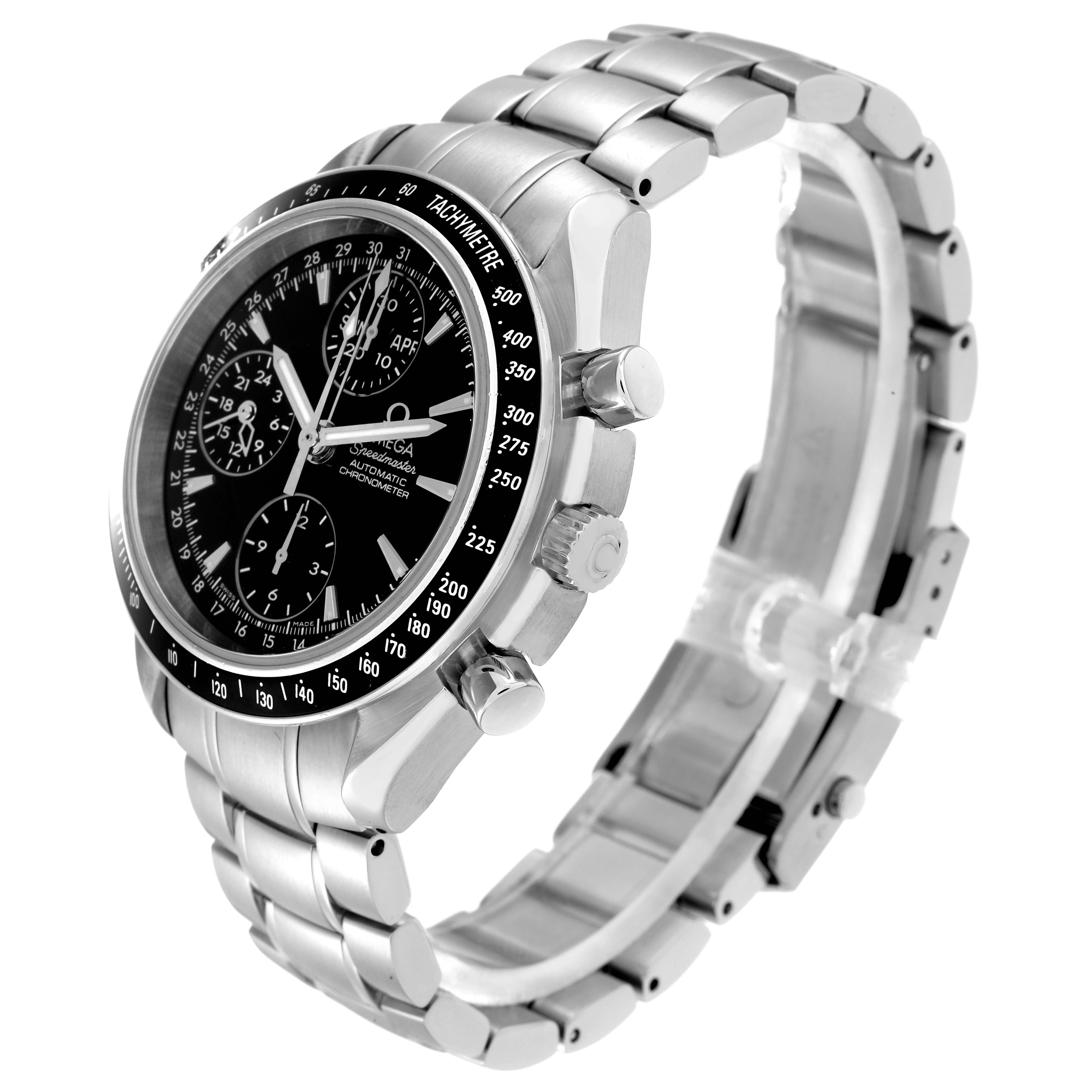The Omega Speedmaster model 3220.50.00 is shown at an angled side view, highlighting the bezel, dial, crown, pushers, and bracelet.