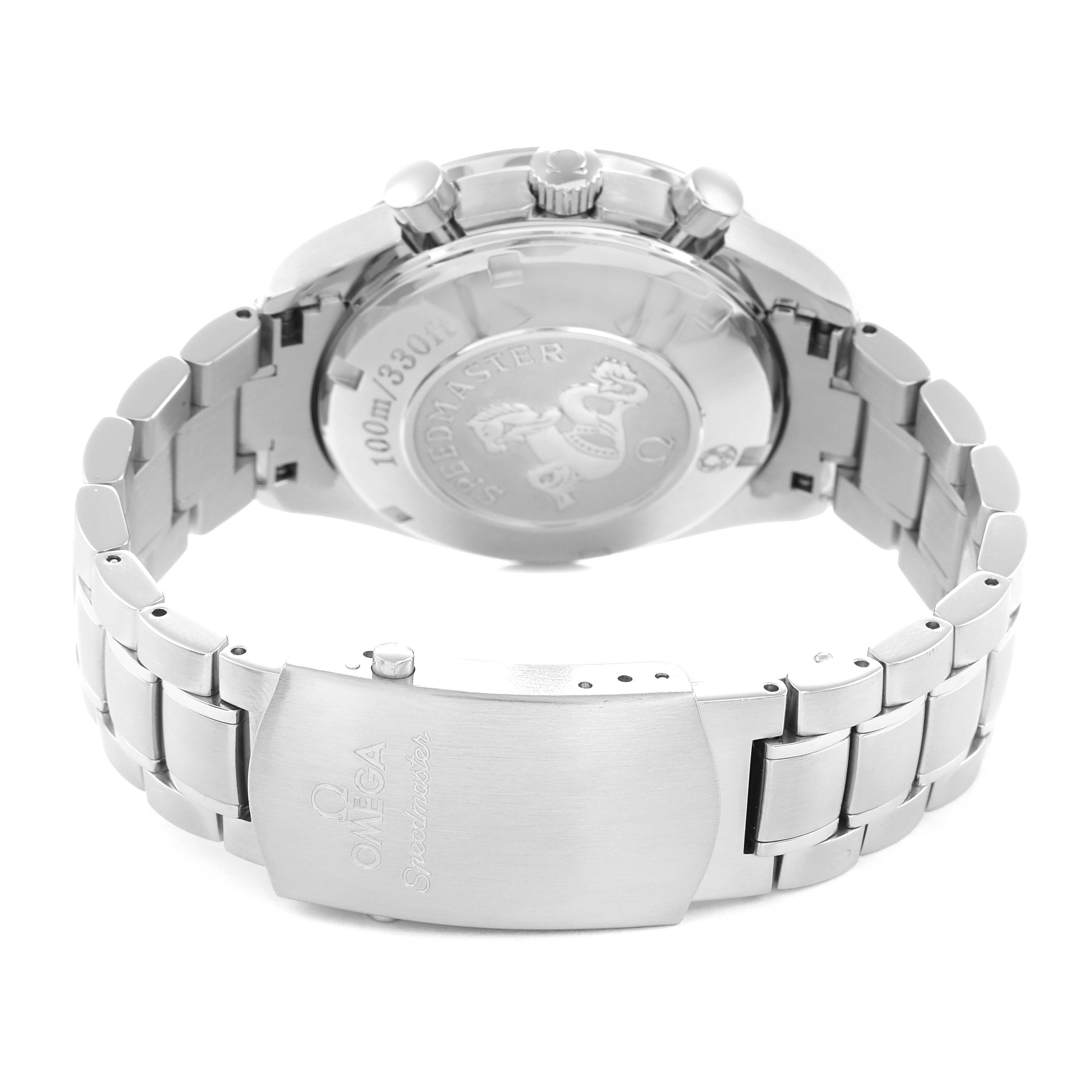 The image shows the back view of an Omega Speedmaster model 3220.50.00 men
s watch, highlighting the case back, crown, pushers, and bracelet clasp.