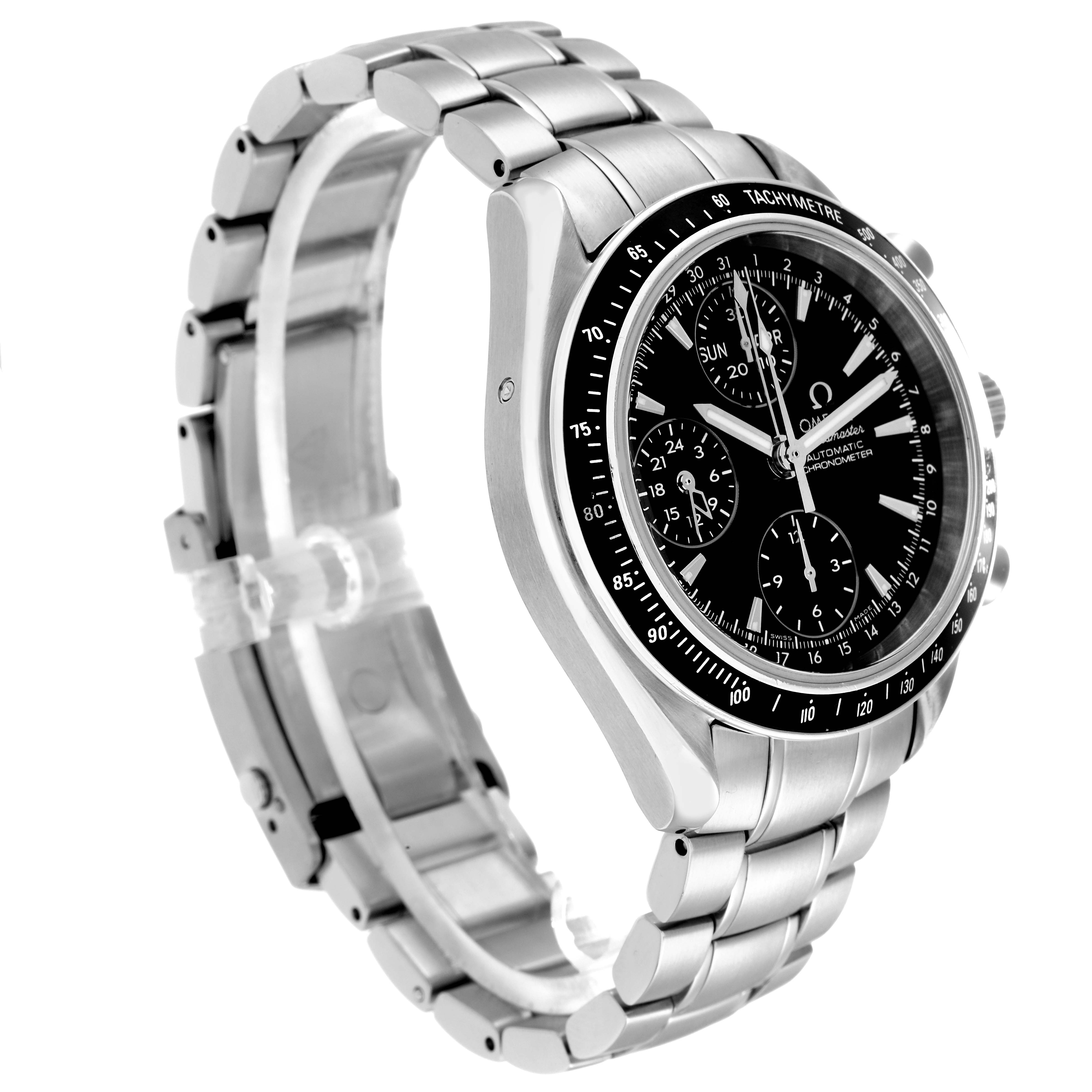The Omega Speedmaster model 3220.50.00 is shown from an angled side view, highlighting the case, bracelet, dial, and tachymeter bezel.