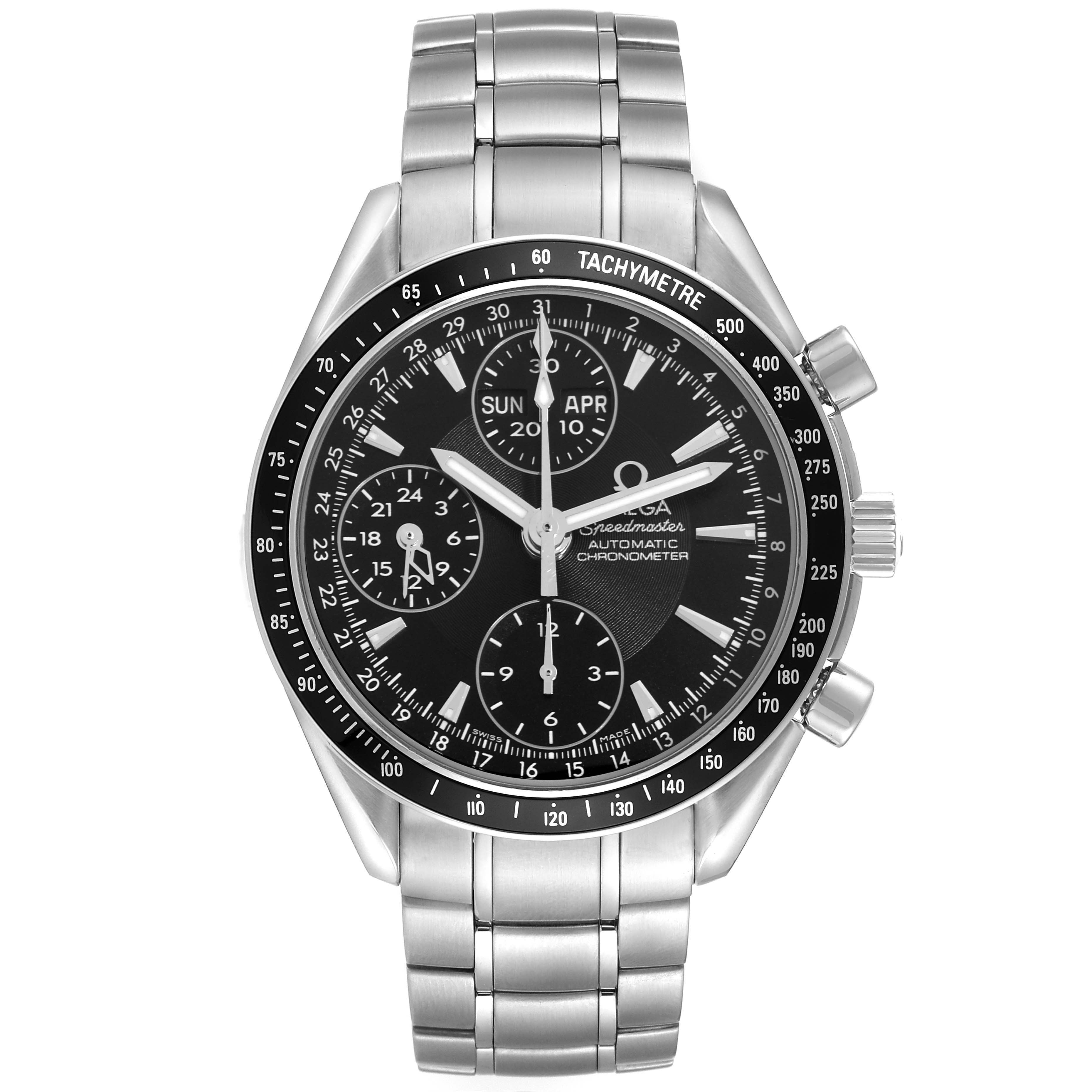 The Omega Speedmaster model 3220.50.00 is shown from a frontal angle, displaying its black dial, three subdials, tachymetric scale, and stainless steel bracelet.