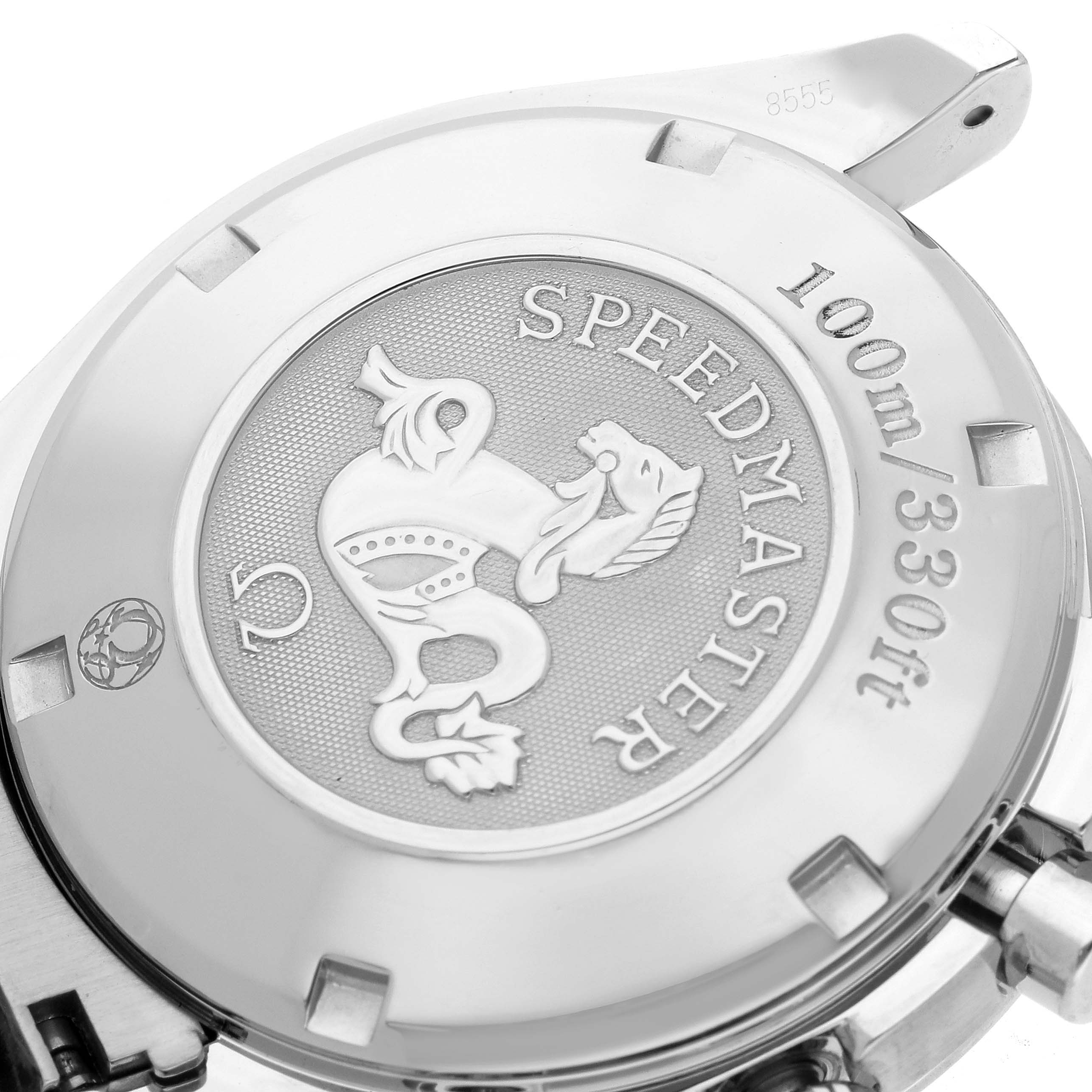 The image shows the case back of the Omega Speedmaster model 3220.50.00, featuring its engraved logo and water resistance marking.